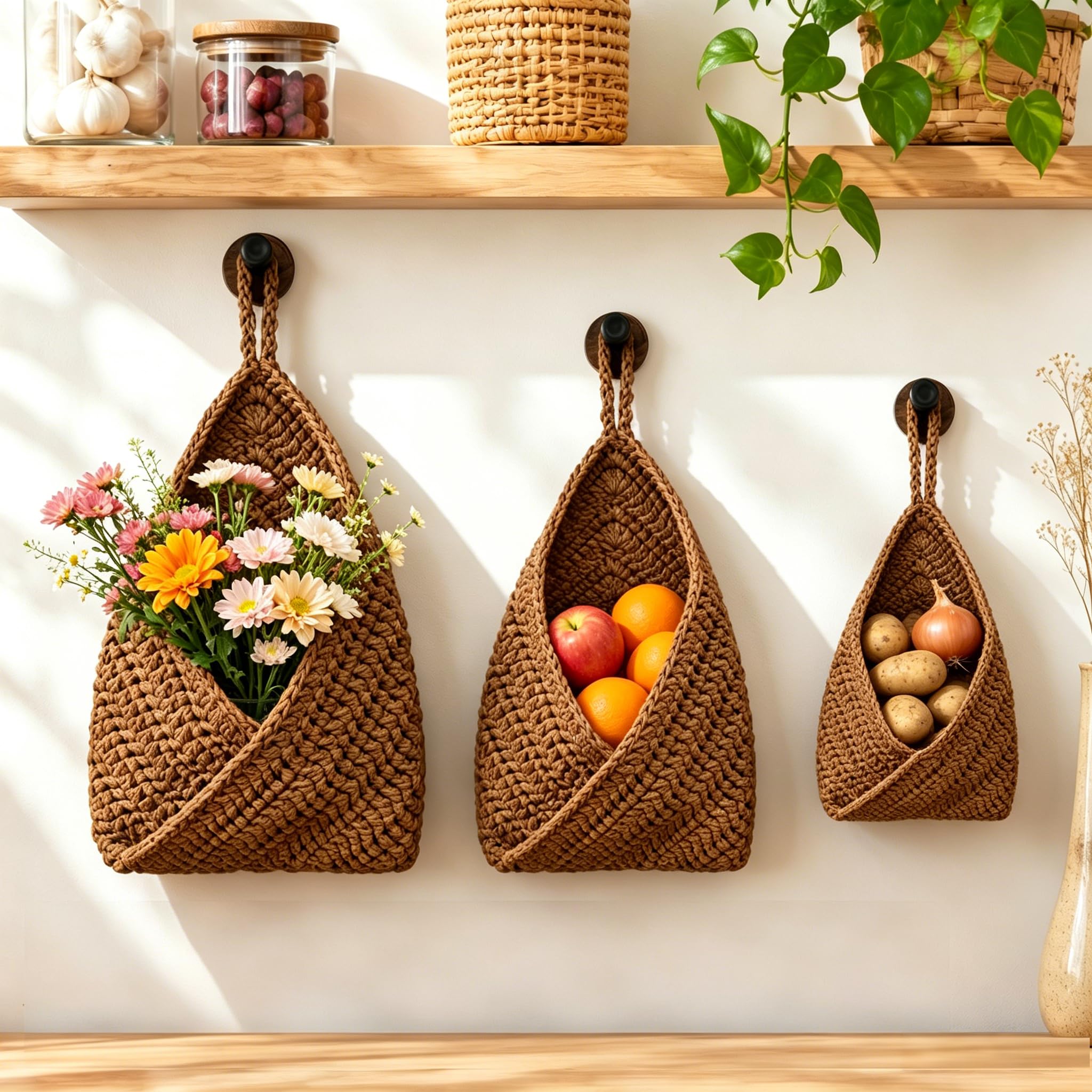 Boho Hanging Wall Baskets for Kitchen  3 Pack Handwoven Jute Teardrop Storage Baskets with Adhesive Hooks for Fruit Onion Potat