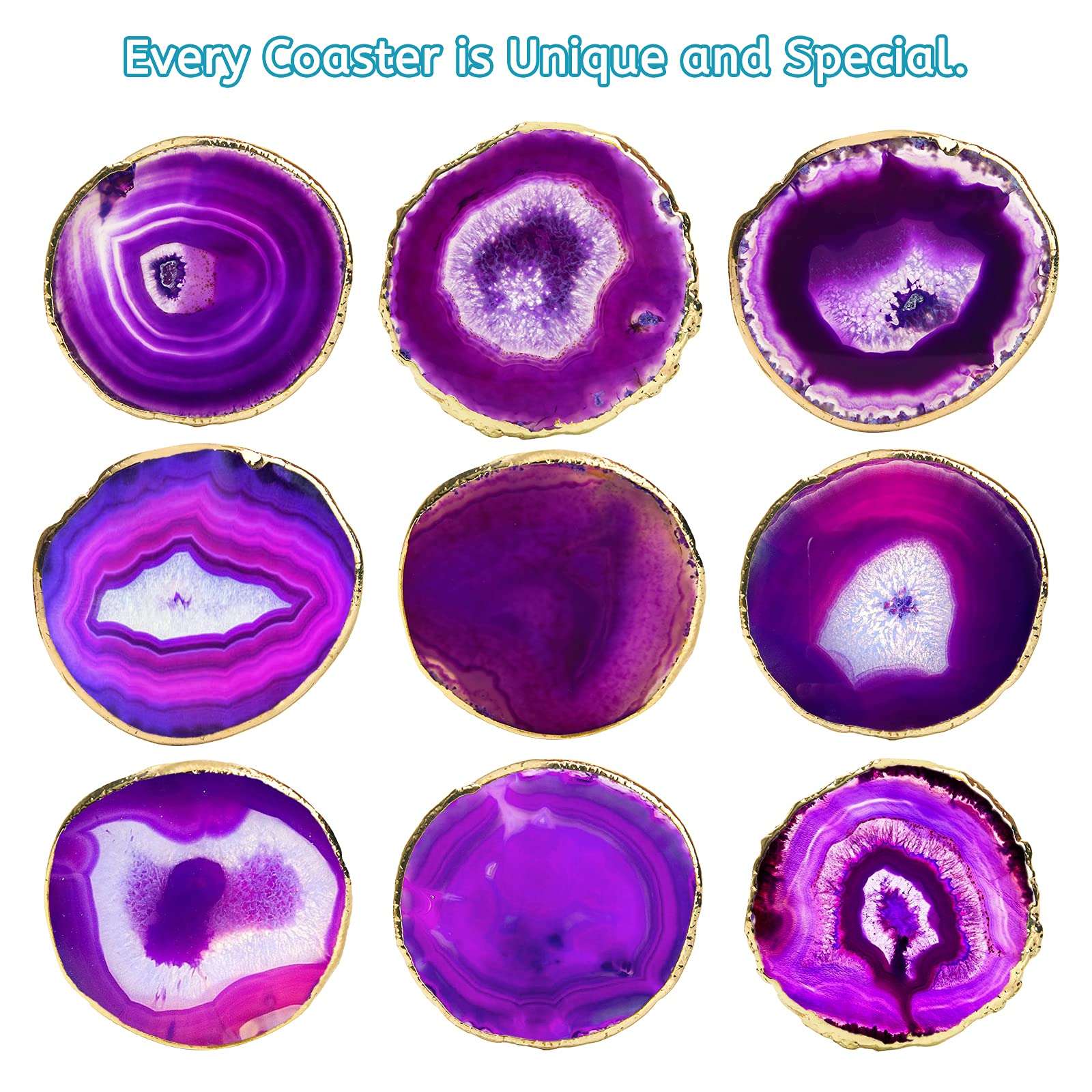 Purple Agate Coasters Set of 4 with Gift Box  Luxiv 3-4'' Agate Coasters for Drinks Natural Crystal Coasters with Gold Edge Brazilian Geode Stone Coaster for Coffee  Drinks  Tea (Purple  3-4 inches)