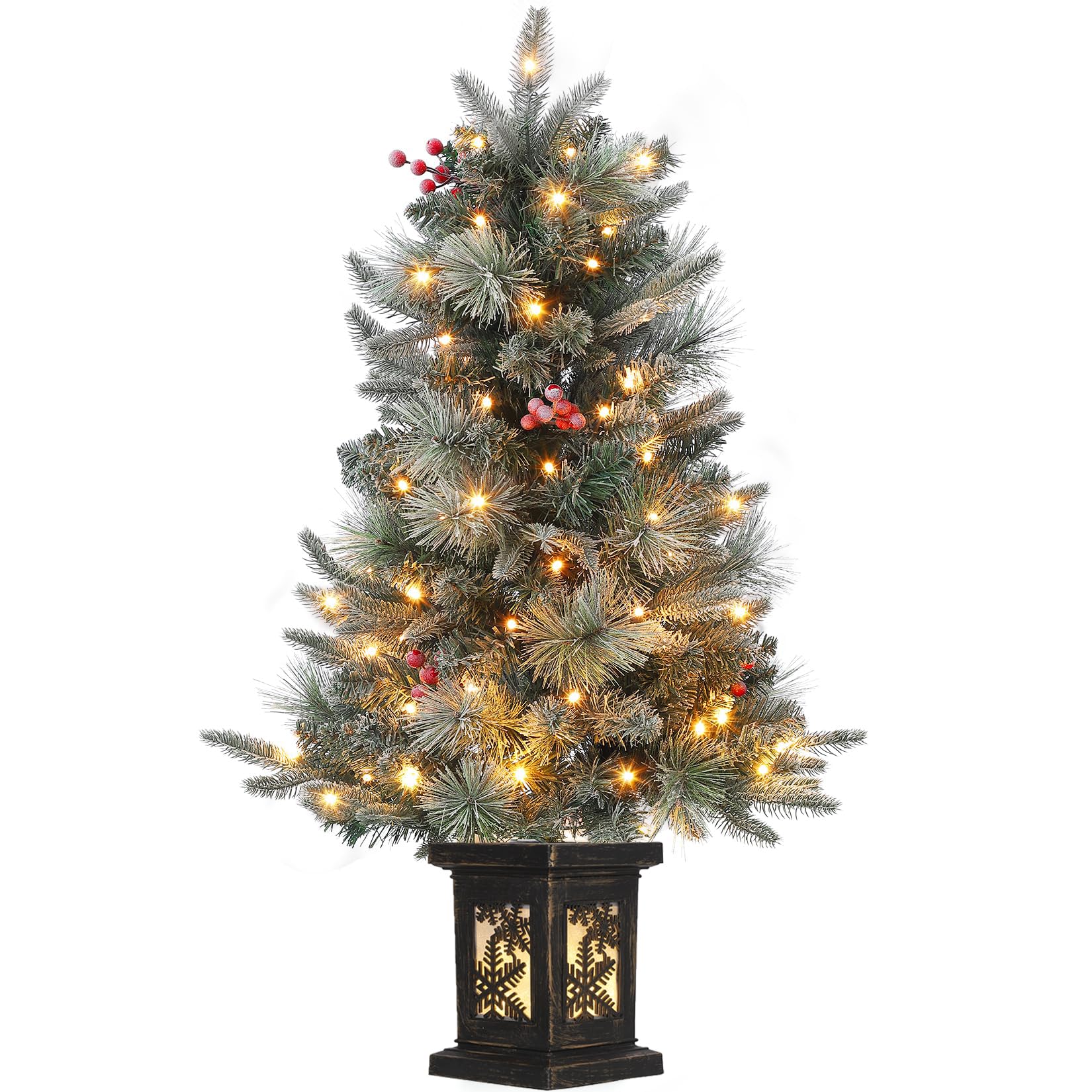 GAOMON 3ft Christmas Tree Pre-Lit Artificial Christmas Tree with Snowflake Base, Flocked Snow 78 Warm White LED Lights 8 Lightin