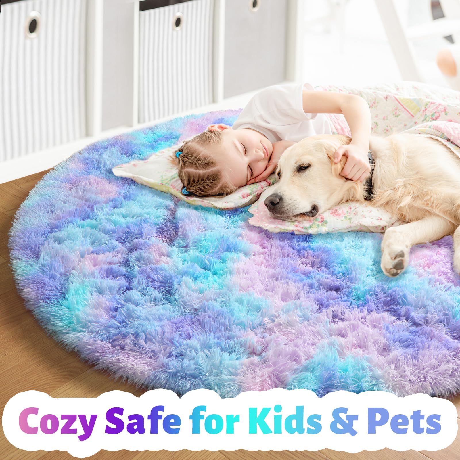 Amdrebio Purple Rainbow Round Area Rug 7Ft for Girls Bedroom Living Room Decor, Mermaid Stitch Frozen Kids Rugs for Playroom Nur