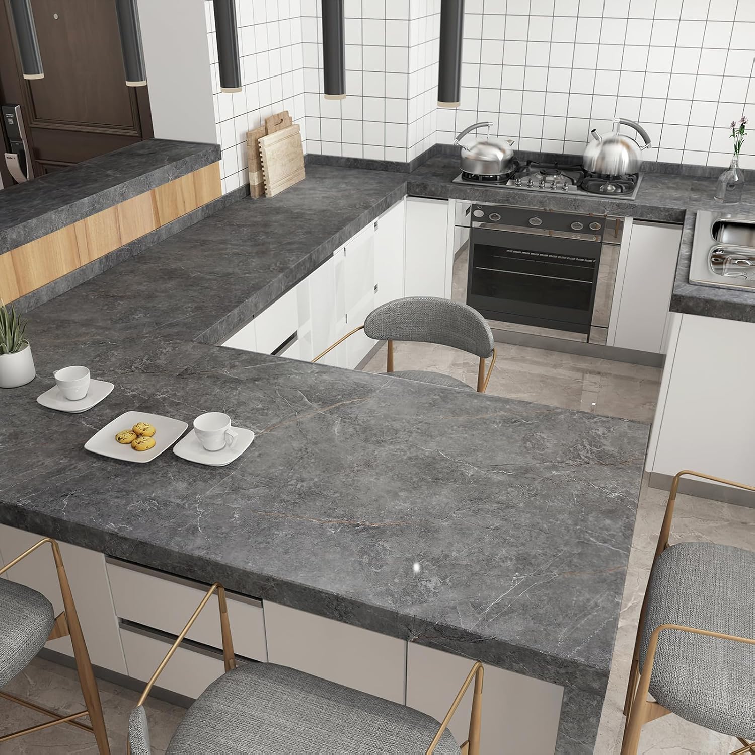 Bomeng 48''X354'' Extra Wide Countertop Contact Paper Gray Marble Wallpaper Peel Stick Countertops For Kitchen Glossy Waterproof