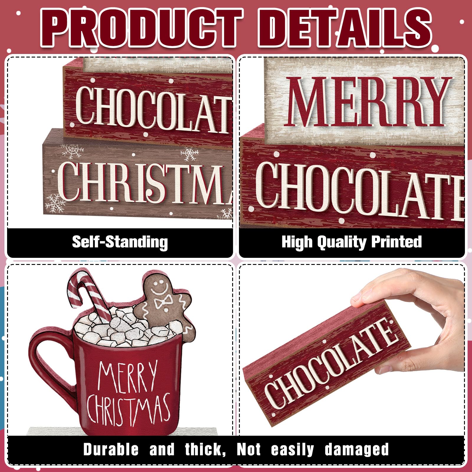 Yousoontic 4 Pcs Christmas Wooden Table Decorations Hot Cocoa Gingerbread Rustic Block Signs Centerpiece Tiered Tray Decor Xmas
