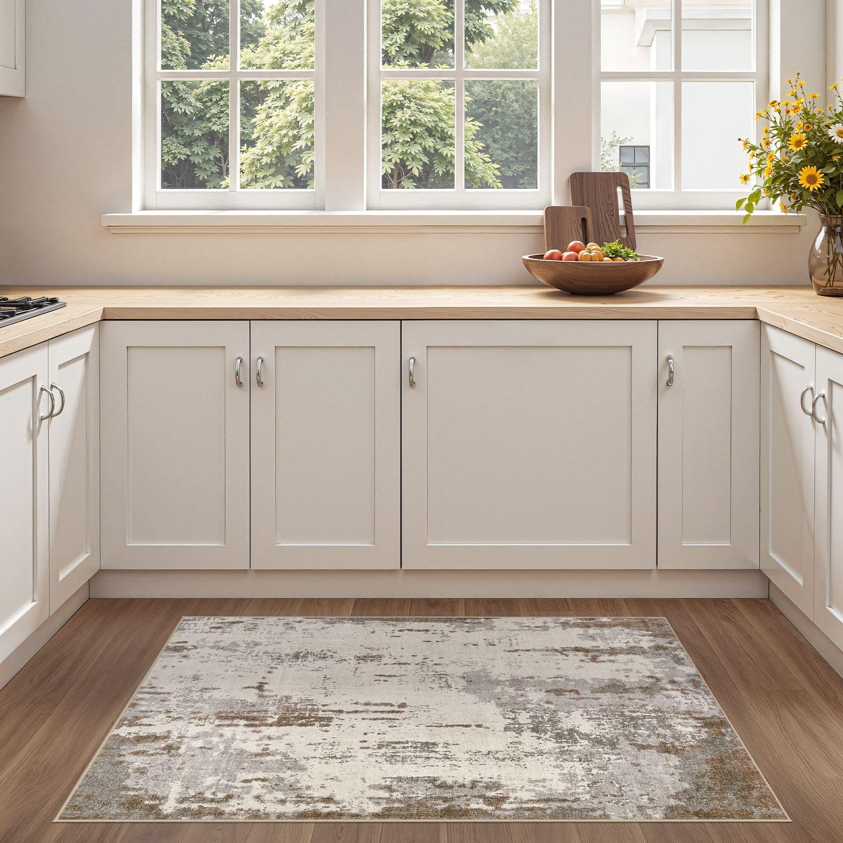 UERMEI 3x5 Area Rug Living Room Rugs - Washable Neutral Modern Abstract Soft Thin Rug Indoor Floor No Slip Rug Carpet for Bedroo