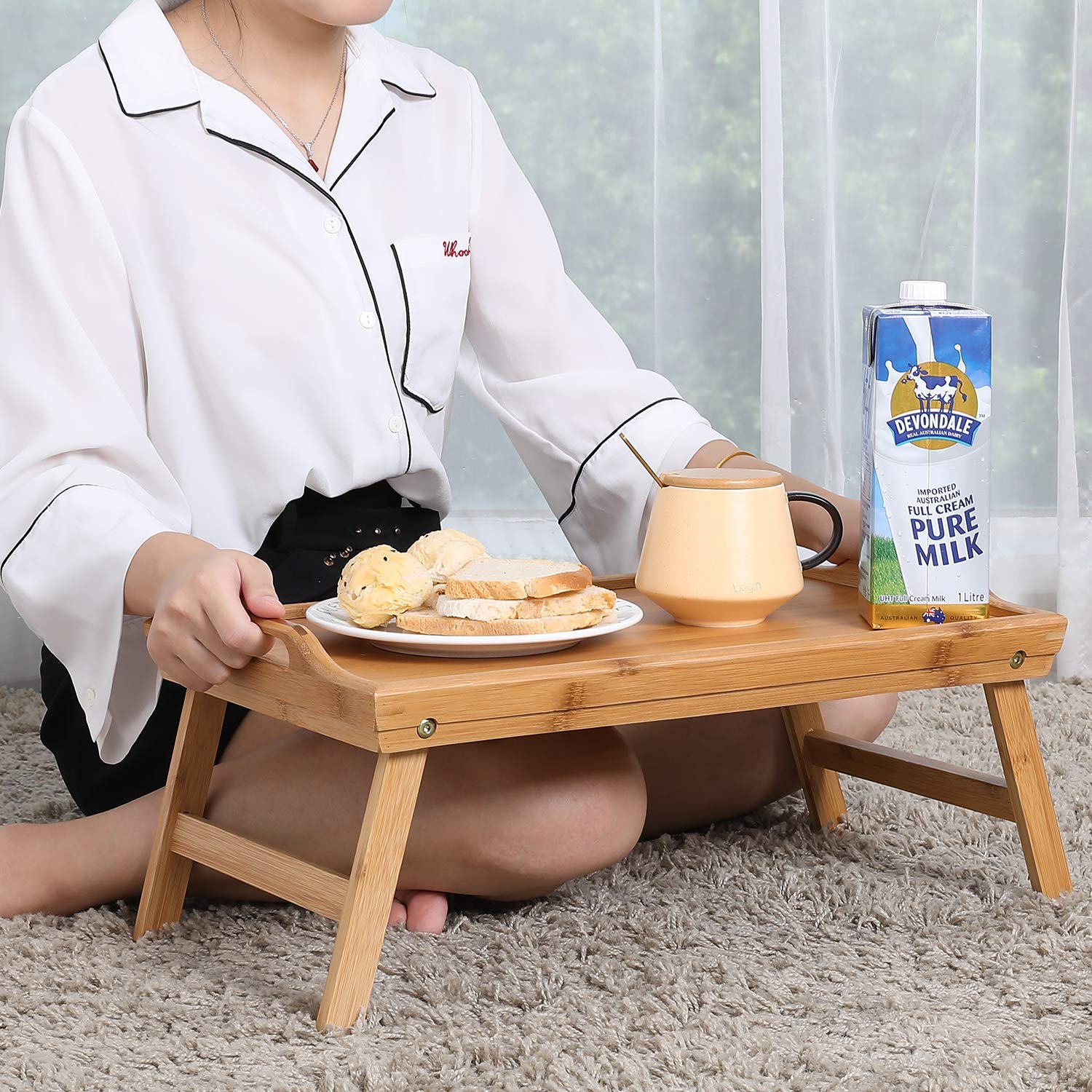 Snazzy Bamboo Wood Foldable Food Tray Breakfast Table Eating Serving Bed Tray Study Laptop Bed Serving Tray With Legs For Home,B