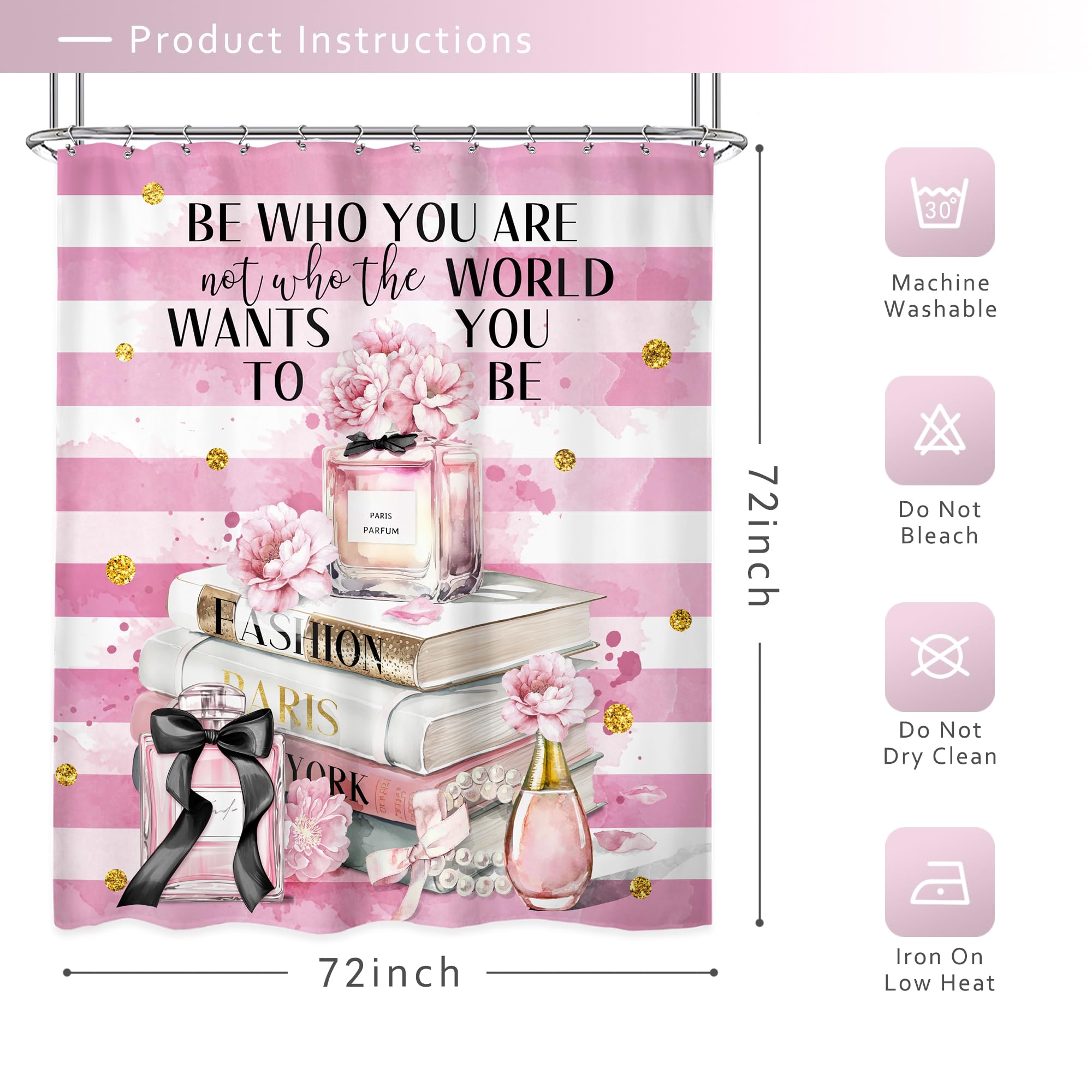 Riyidecor Fashion Pink Shower Curtain 72Wx72H Inch Modern Women White Striped Magazine Books Perfume Flower Inspirational Quotes