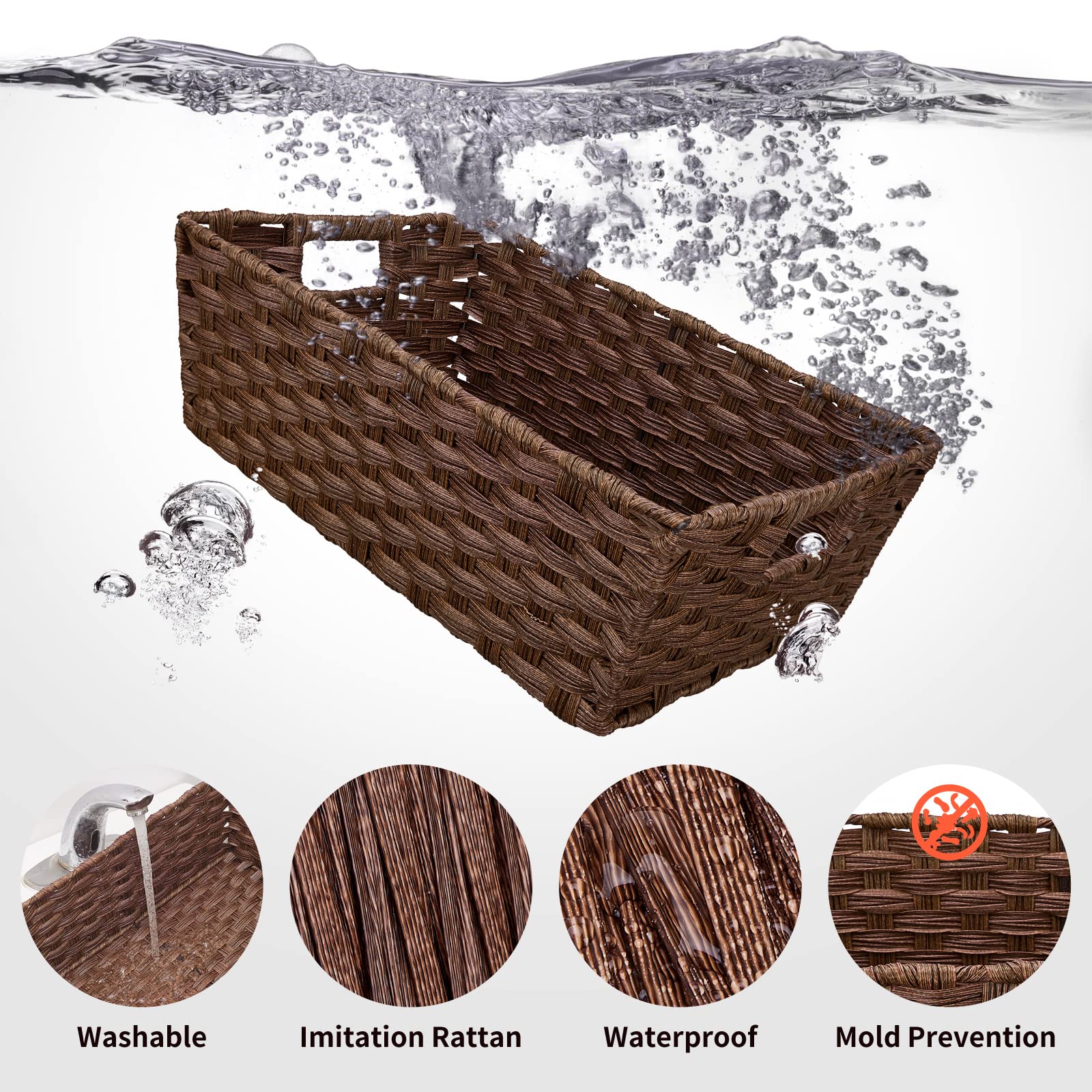 Onlytak Large Wicker Storage Basket, Metal Frame, Set Of 2, Washable Waterproof, 15'' X 10.3'' X 5.2'', Brown Color, Woven Baske