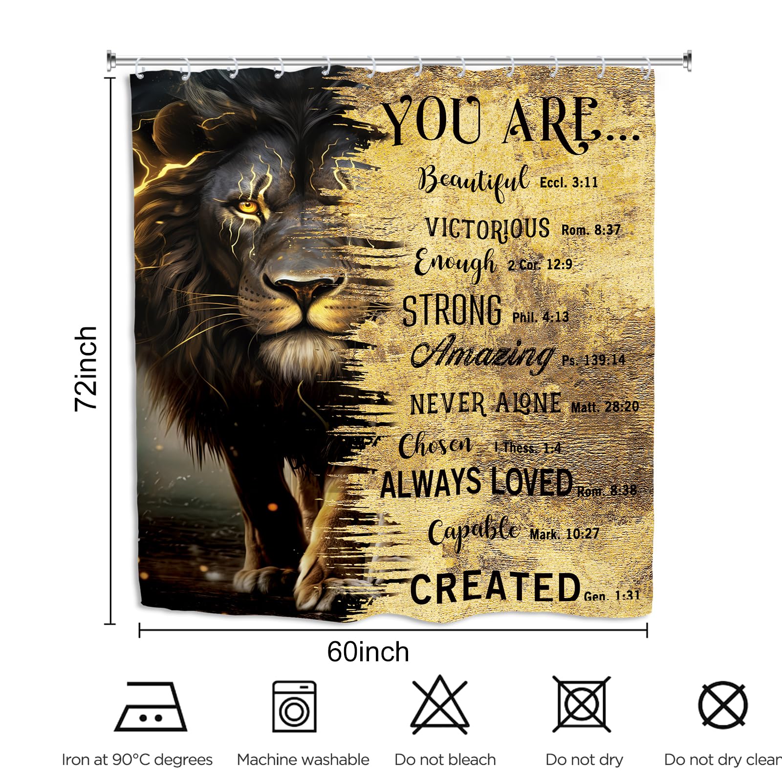 Kalmico Lion Man Masculine Shower Curtain 60Wx72L Inch Black Gold Inspirational Motivational Quotes Bible Cool Contemporary Bath