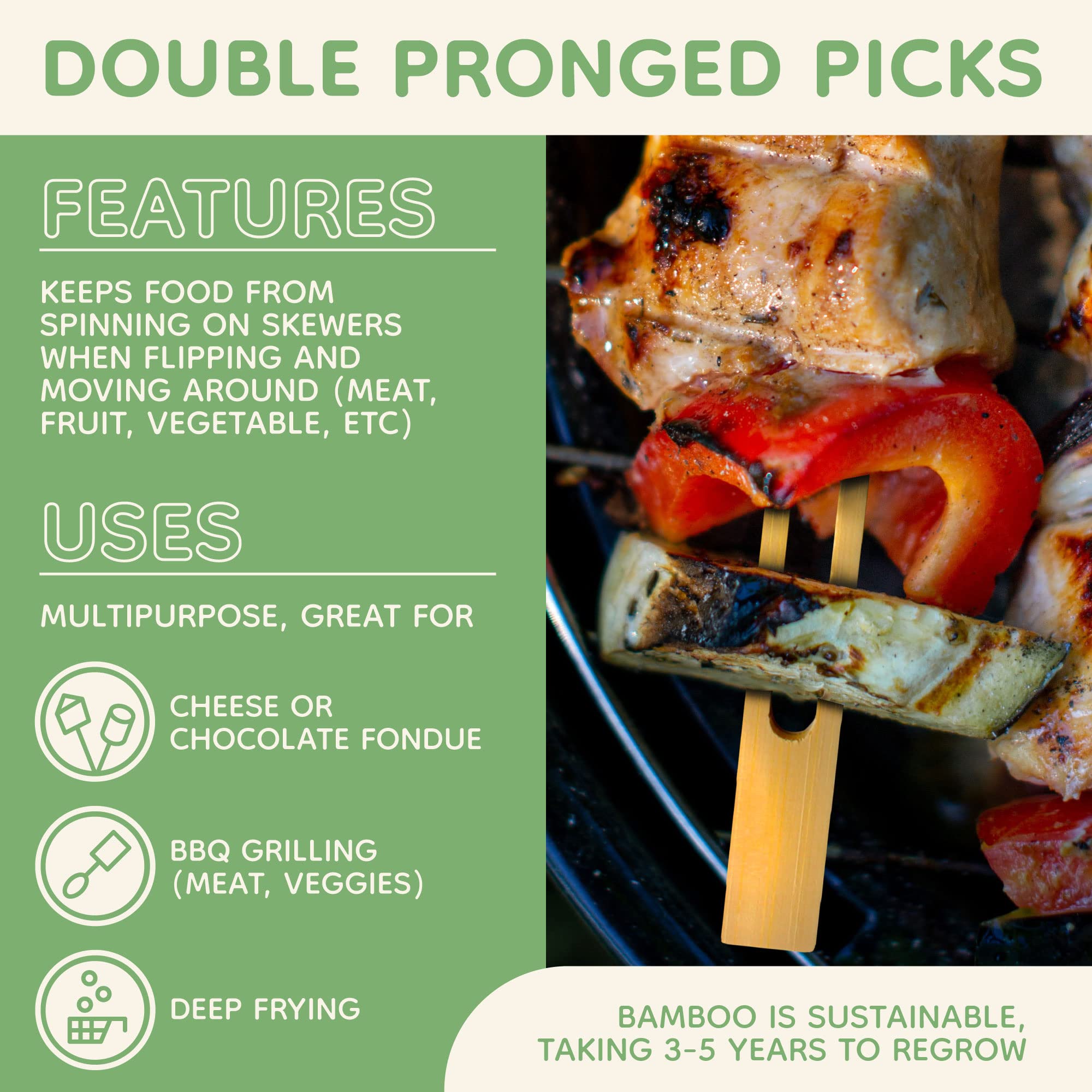 Bamboomn 18Mm Wide Bamboo Double Prong Fondue Sticks Barbecue Grilling Kabob Skewers, 11.8'' Long, 100 Pieces