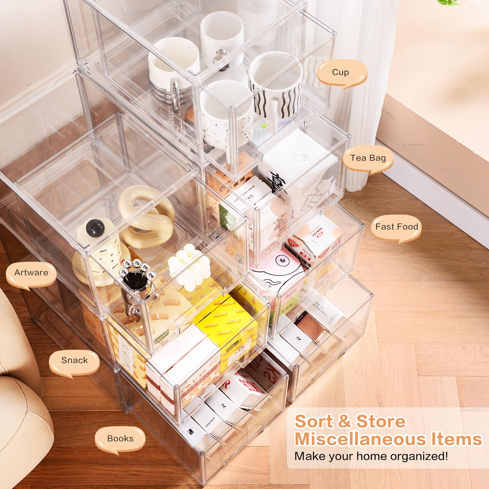 Dilibra 2 Packs Plastic Stackable Storage Organizer Bins With Pull Out Drawer, Large Clear Acrylic Storage Drawers Container Box