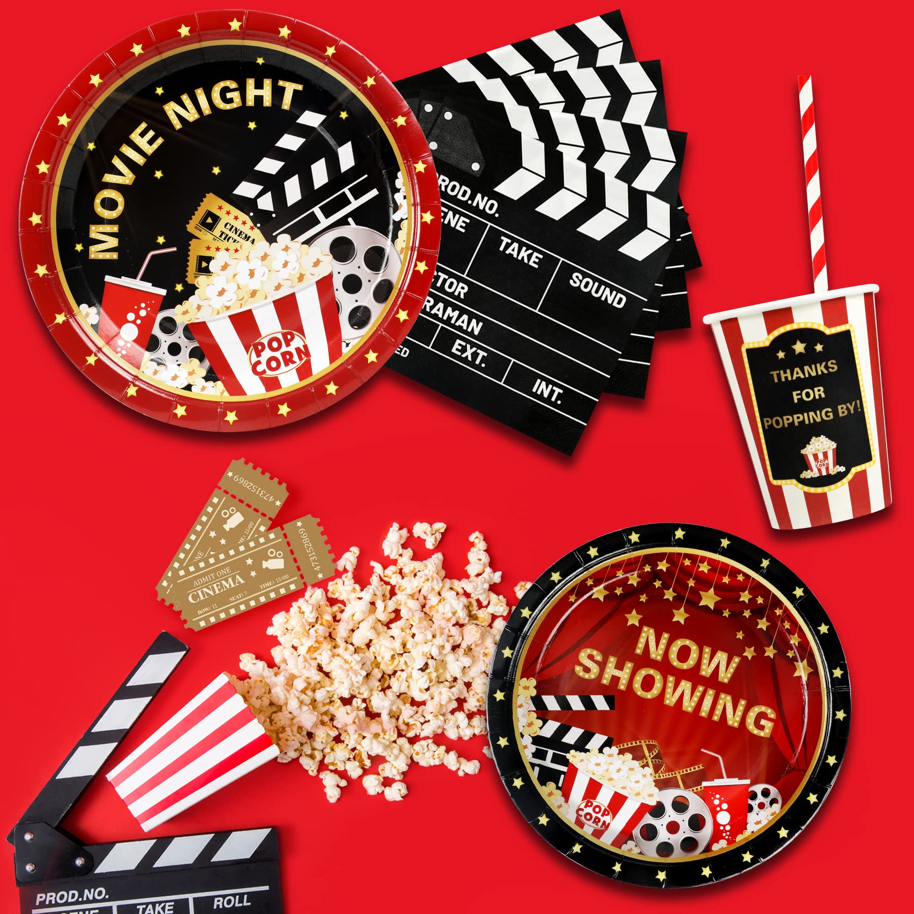 Recheel Movie Night Party Supplies Decorations, Movie Theme Birthday Paper Plates And Napkins Set With Cups And Straws For 24 Gu