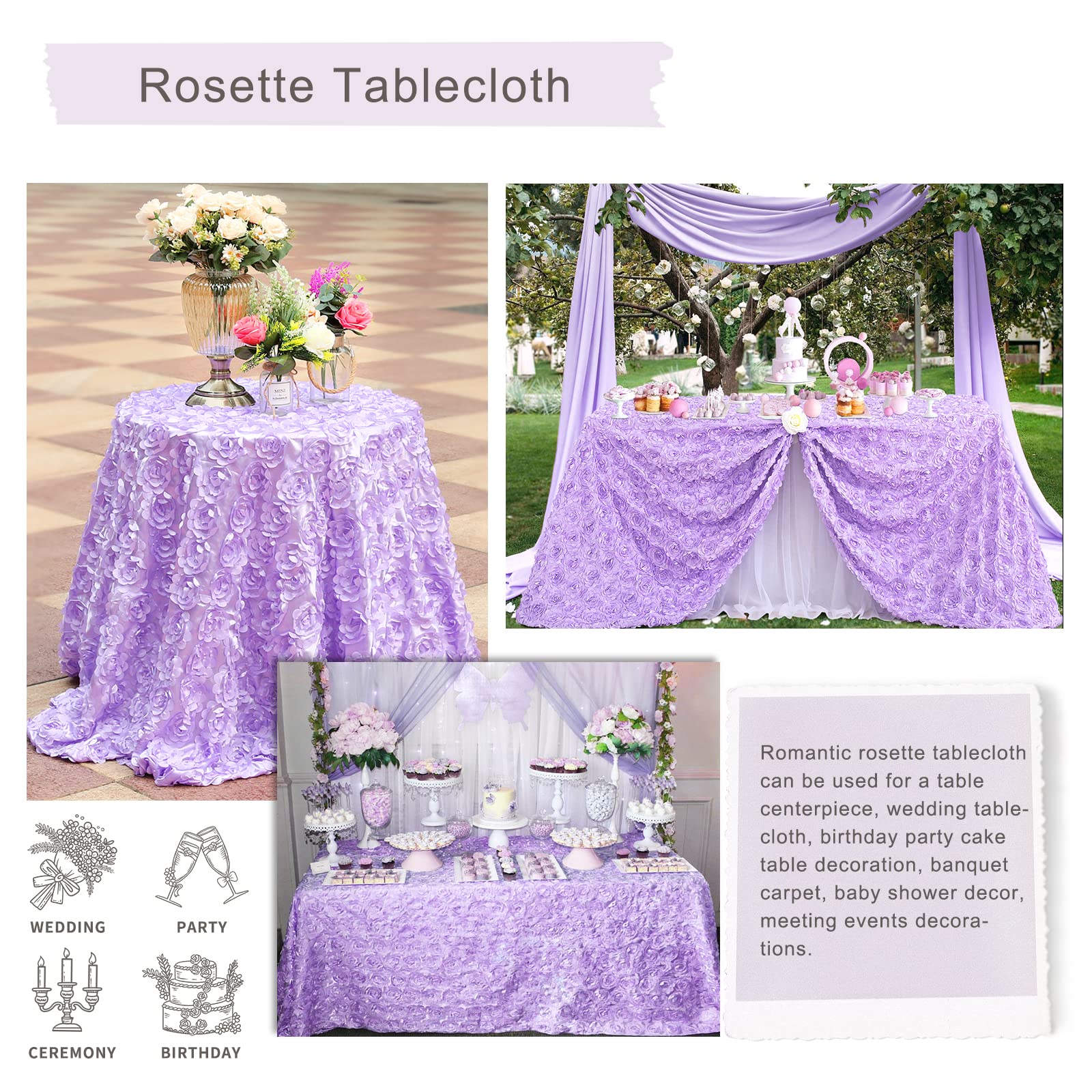 Fanqisi 50X102 Inches Rosette Satin Tablecloth Lavender Rosette Tablecloth 3D Rosette Table Line Rectangle Table Cover Wedding P