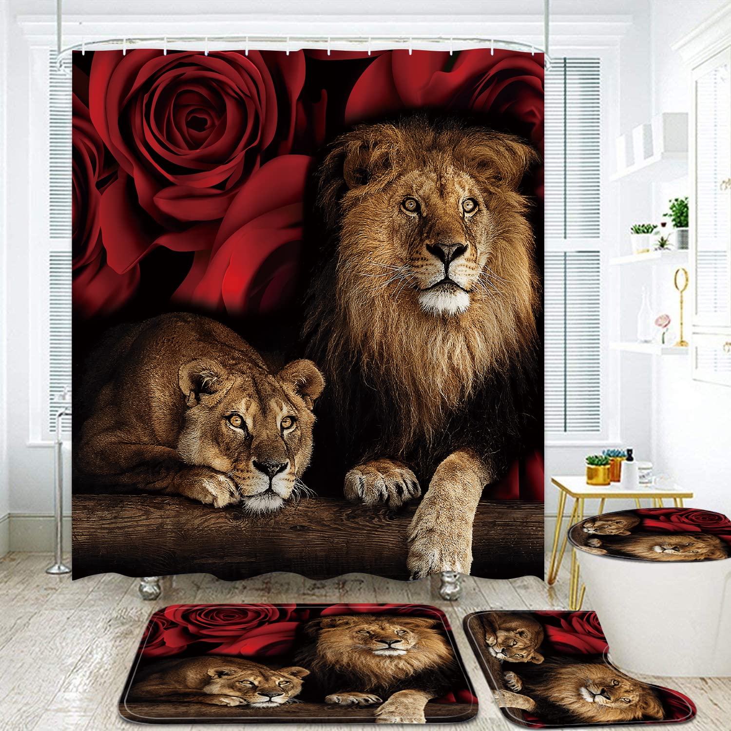 Jieprom 4Pcs Red Rose And Lion Shower Curtain Bathroom Set With Rugs, Toilet Lid Cover And Bath Mat, Red Shower Curtain With 12