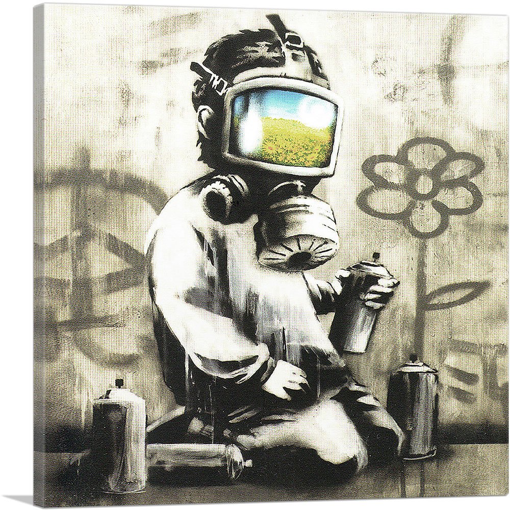 Artcanvas Sunflower Field Gas Mask Girl Canvas Art Print Stretched Framed Painting Picture Poster Giclee Wall Decor By Banksy -