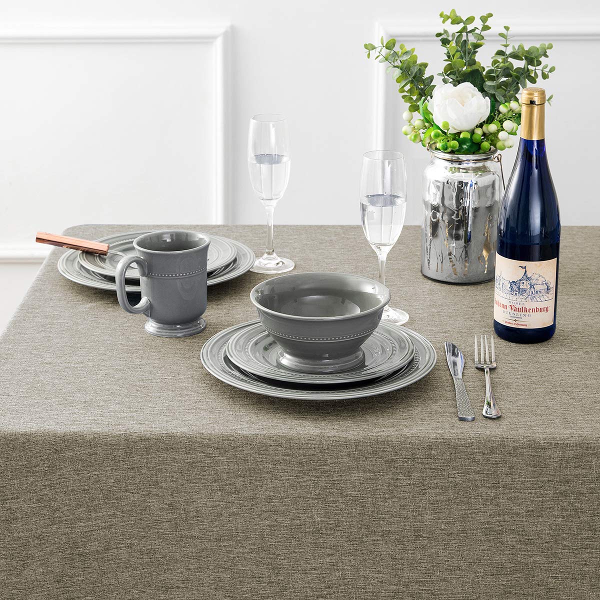 JUCFHY Rectangle Table Cloth Linen Solid Tablecloth Heavy Duty Fabric Stain Resistant Wrinkle Resistant Washable Table Cloths Oblong Table Cover for Kitchen and Holiday (Flax Linen  60'' x 84'' Tassel)