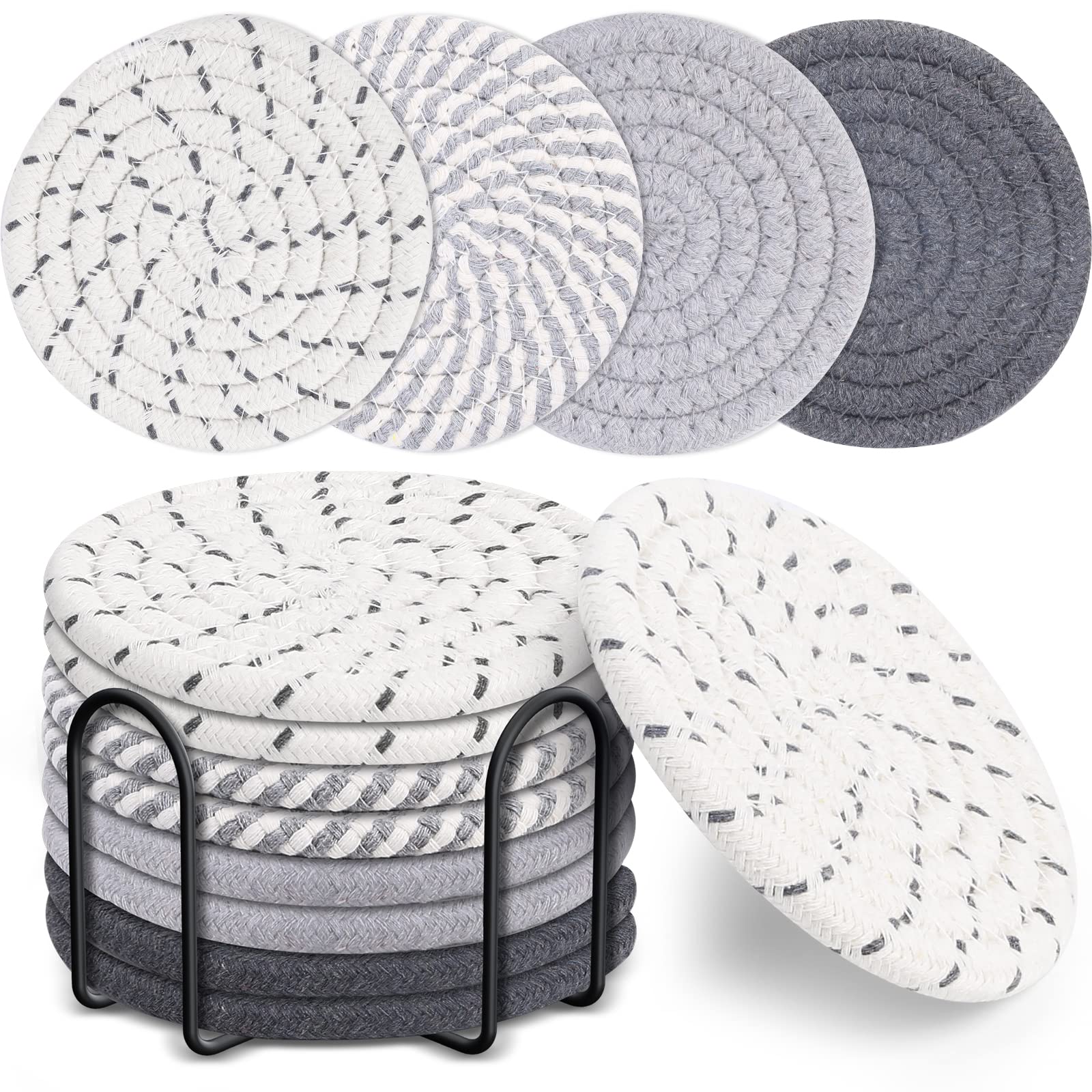 Mckanti 8 Pcs Drink Coasters with Holder  4 Colors Absorbent Coasters for Drinks  Minimalist Cotton Woven Coaster Set for Home Decor Tabletop Protection Suitable for Kinds of Cups  4.3 Inches.
