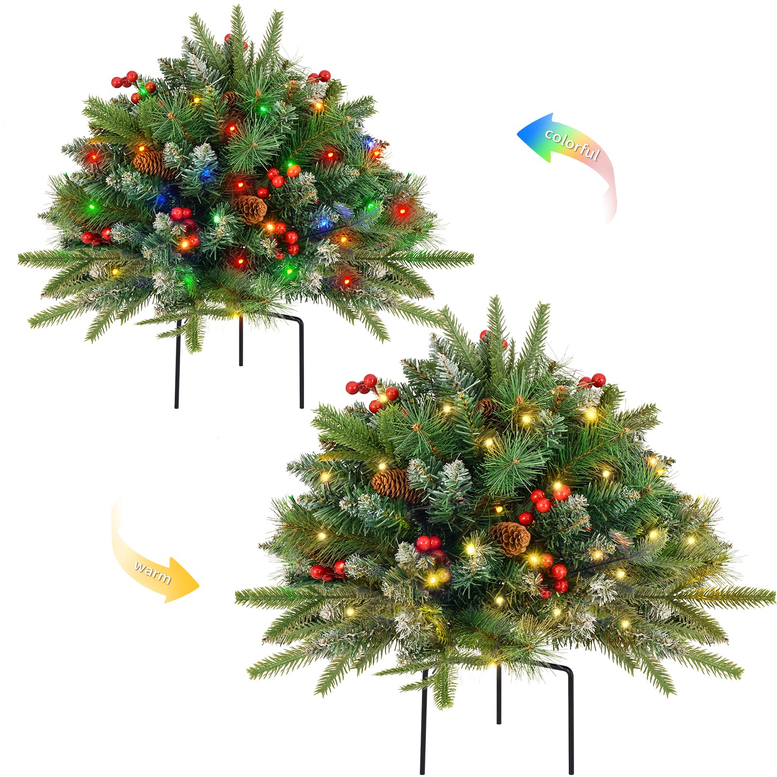 2 Pack Christmas Tree Urn Filler, Battery Operated with Timer, Pre-lit Warm White & Multi-Color Changing LED Lights, 21in Artifi