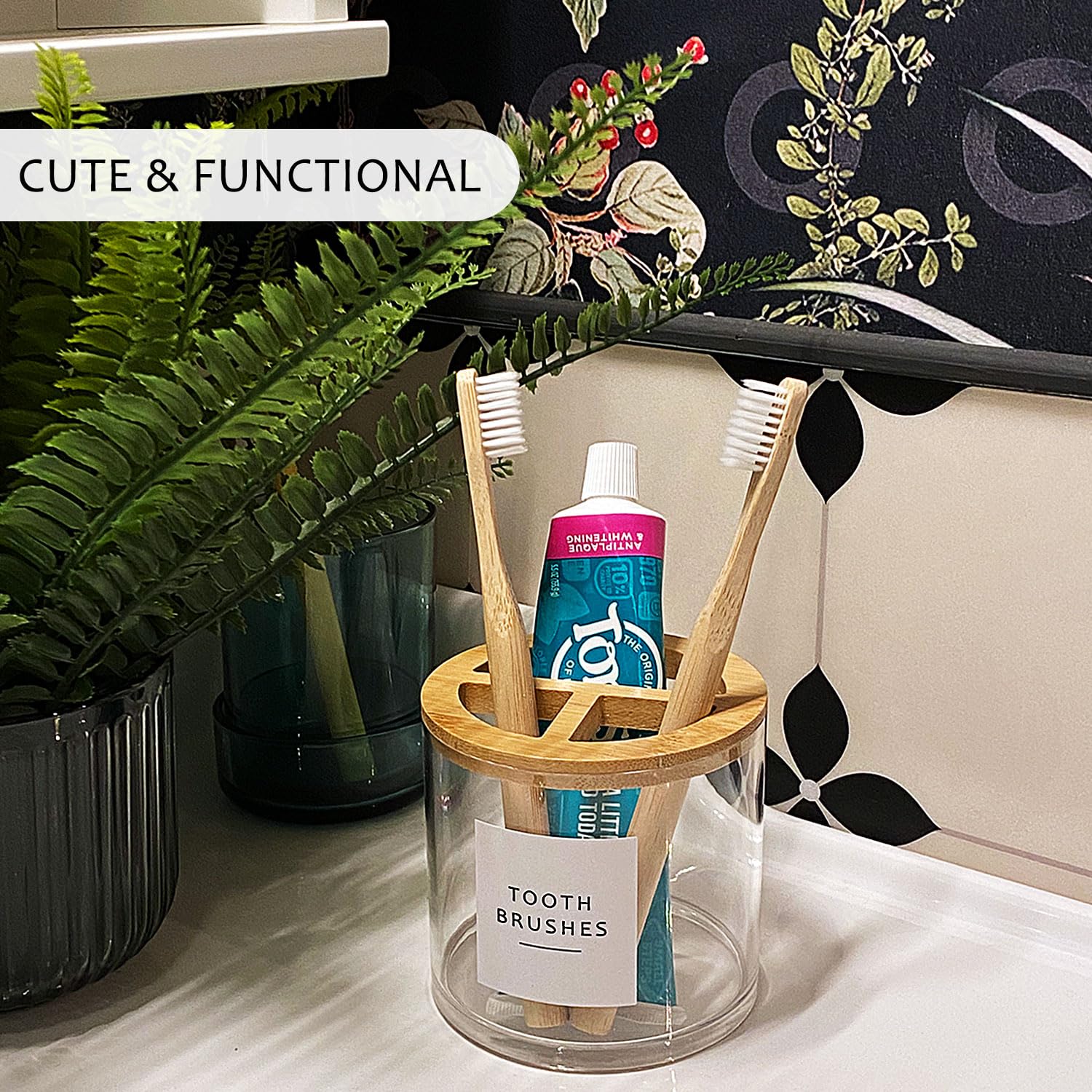 Onsogi Thick Clear Plastic Toothbrush Holder With Bamboo Lid For Bathroom Decor, Toothbrush Organizer Stand For Bathroom Vanity
