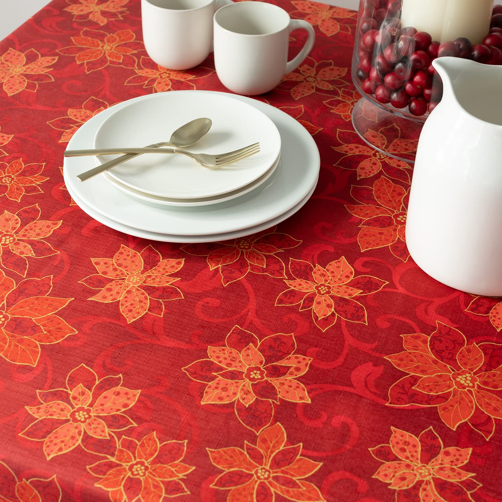 Benson Mills Poinsettia Scroll Printed Rectangle Fabric Table Cloth, Winter, Holiday And Christmas Tablecloth (60'' X 120'' Rect