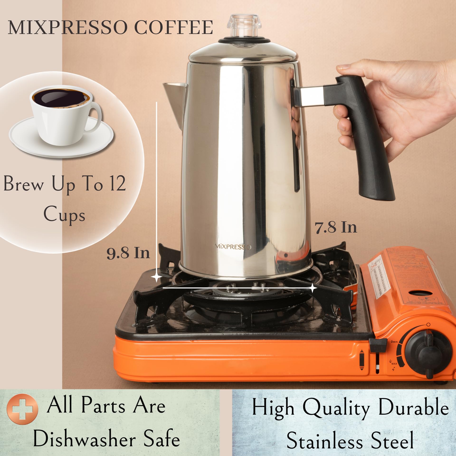 Mixpresso Stainless Steel Stovetop Coffee Percolator, Percolator Coffee Pot, Excellent As Camping Coffee Pot, 52 Oz 12 Cup Stain