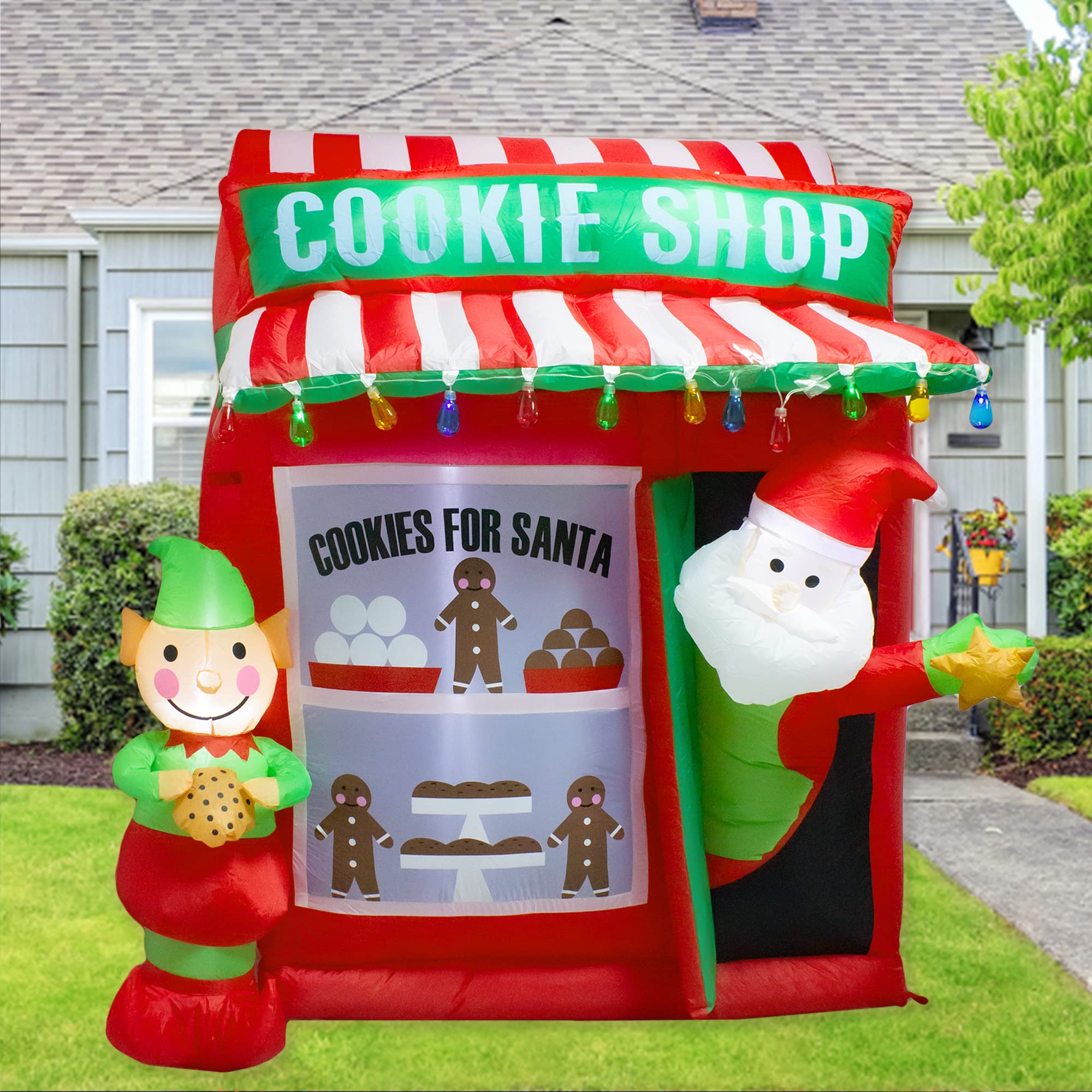luxfcup 6FT Christmas Inflatable Santa Elf Cookie Shop Decoration with LED Lights Outdoor Yard Easter Blow Up Decorations Inflat