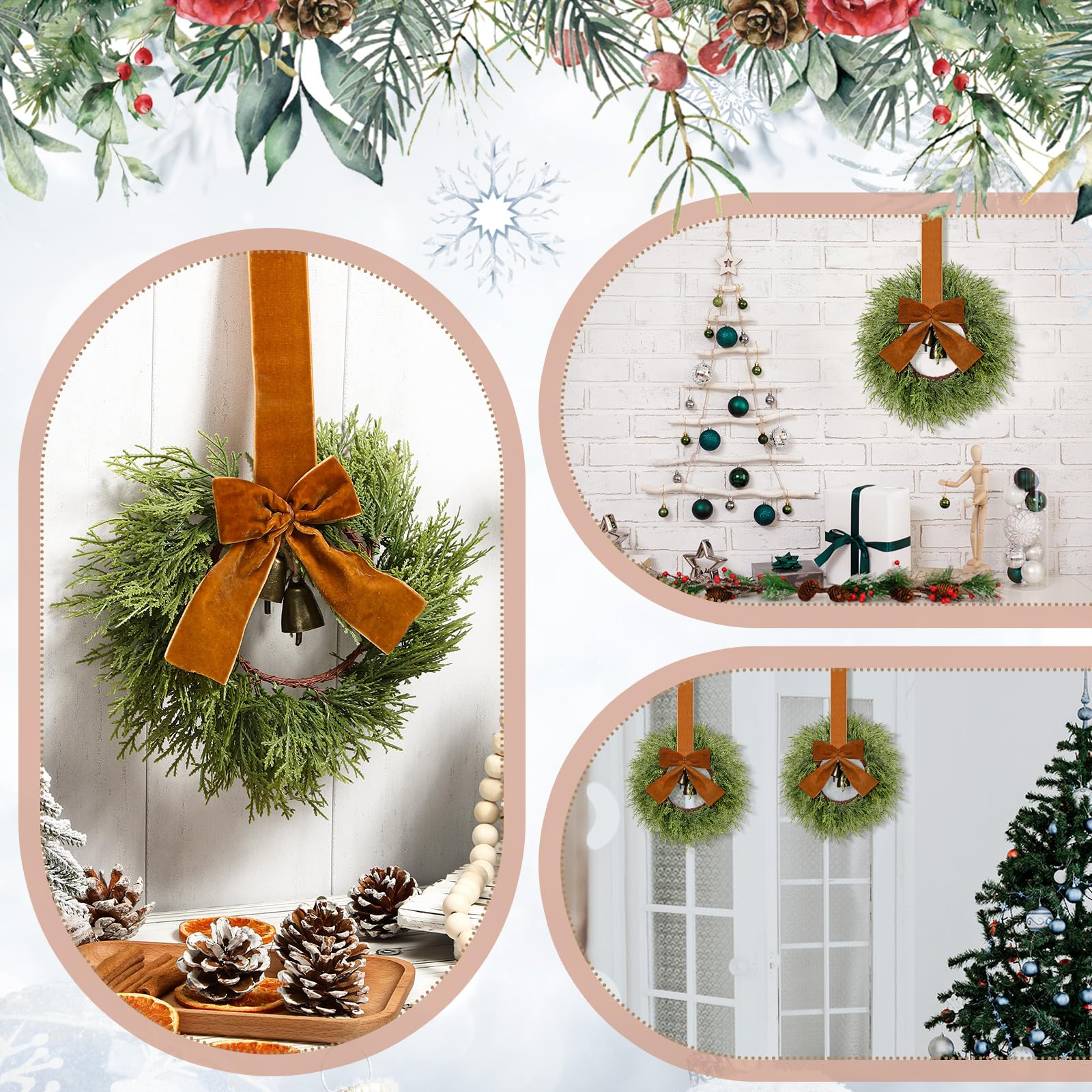 Suncalla 4 Pcs Small Christmas Wreaths for Cabinets 10.2 Inch Mini Cedar Wreaths with Vintage Rustic Cow Bell and Brown Velvet R