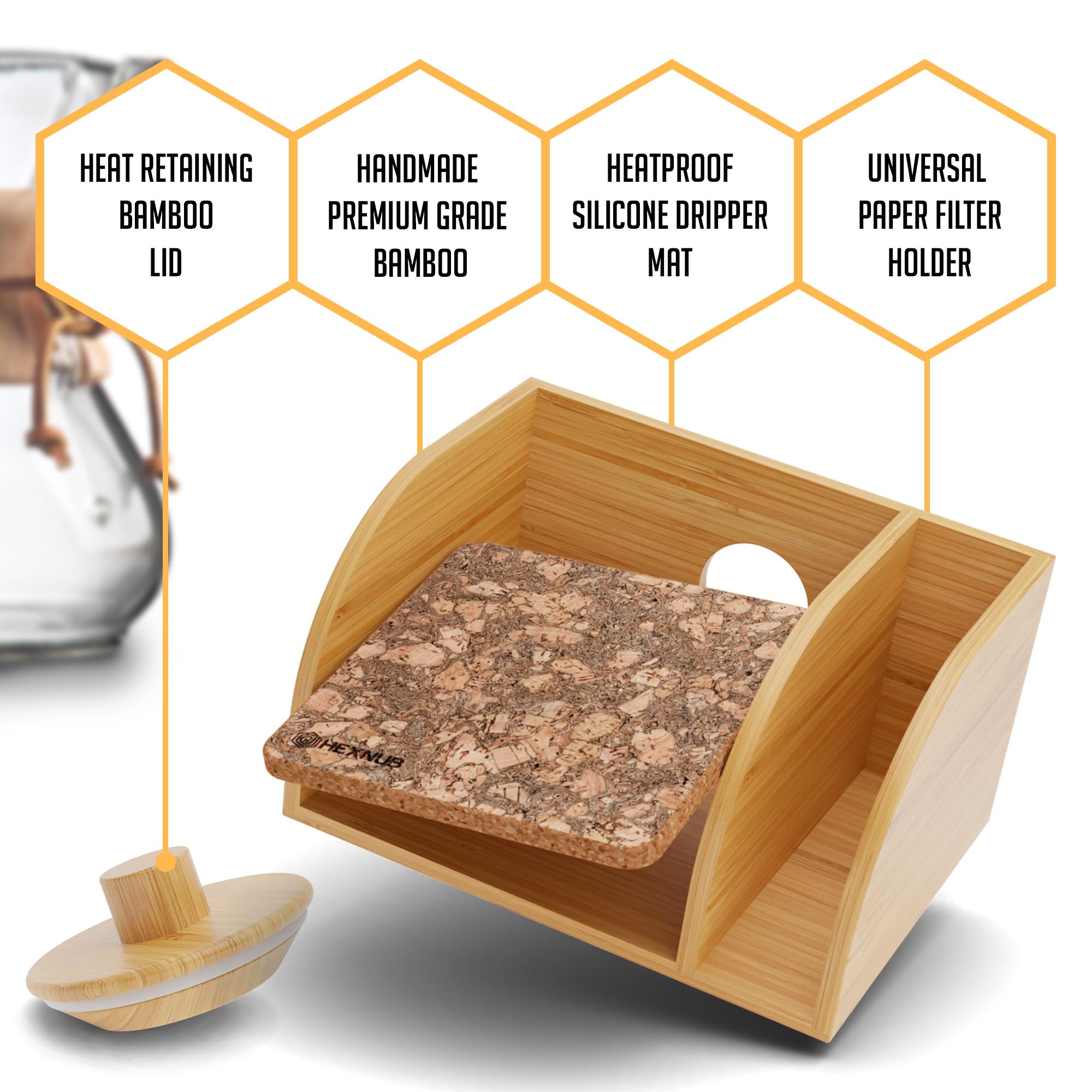 Hexnub - Caddy And Lid For Pour Over Coffee Maker, Bamboo Stand Fits Chemex, Bodum, Cosori Coffee Carafes, Heatproof Mat, Filter
