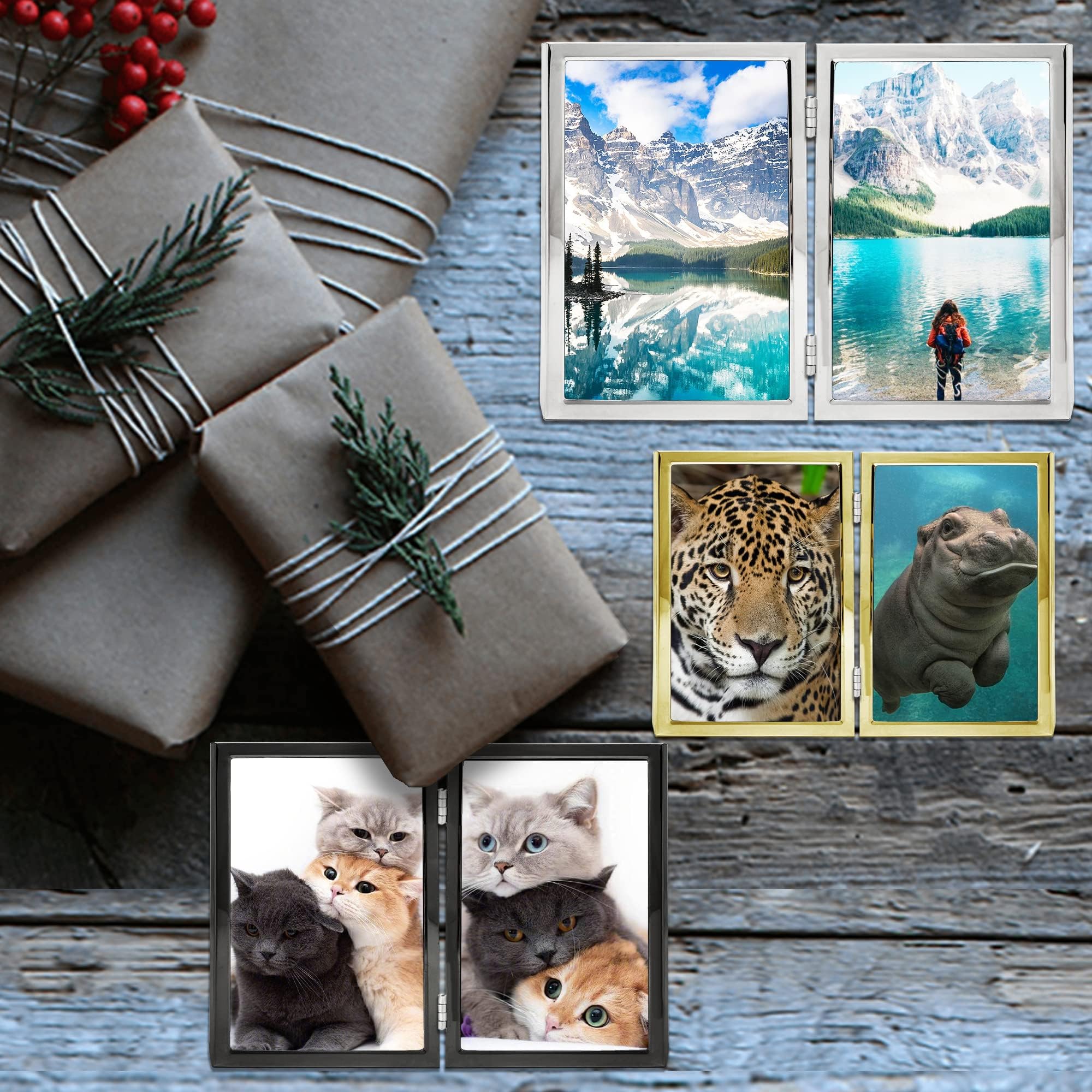 3.5x5 Picture Frame Double Hinged Silver Metal Thin Edge Frame with High Definition Glass Front Folding Frames Stand Vertically