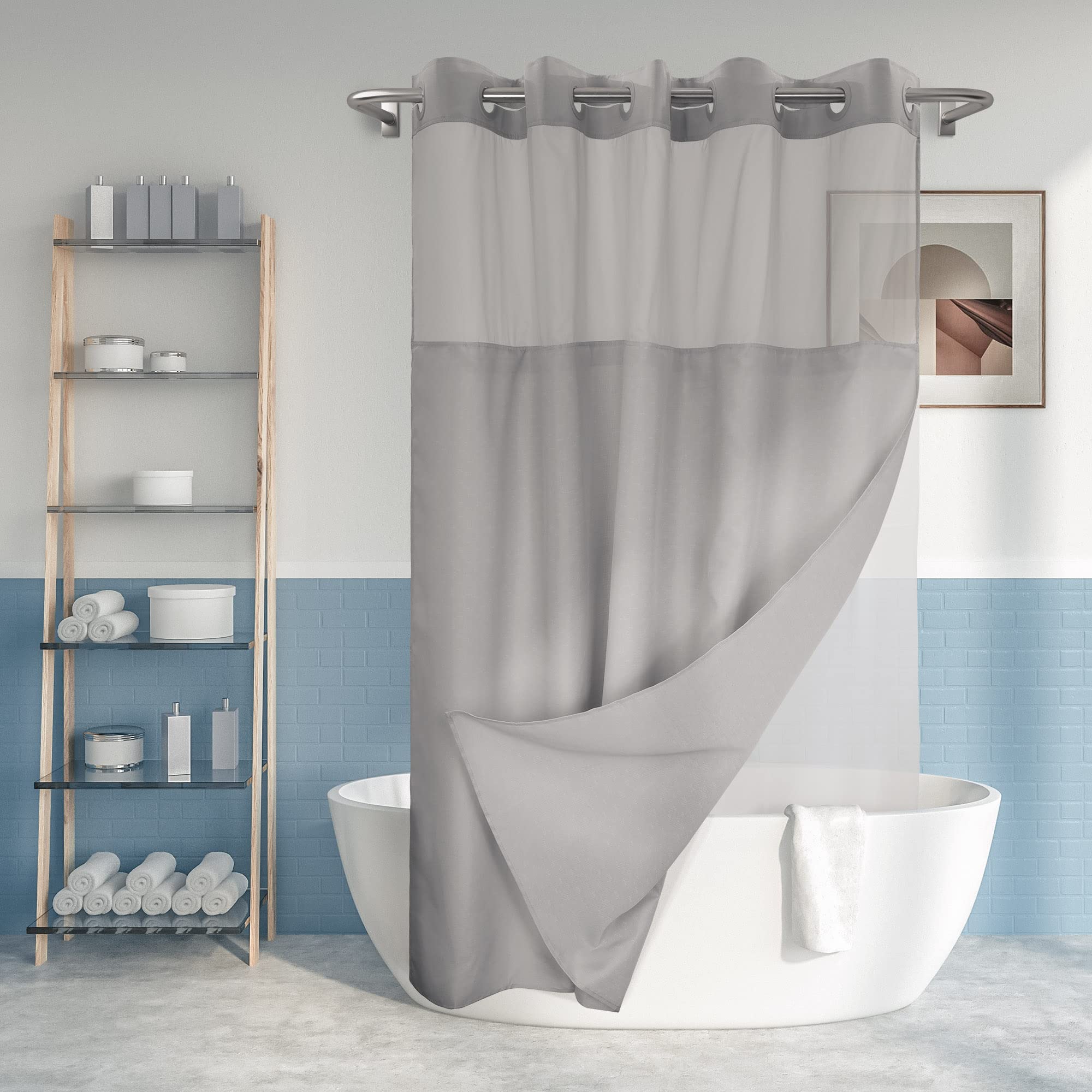 No Hook Slub Textured Shower Curtain With Waterproof Peva Liner Set - 71'' X 74''(72''), Hotel Style With See Through Top Window