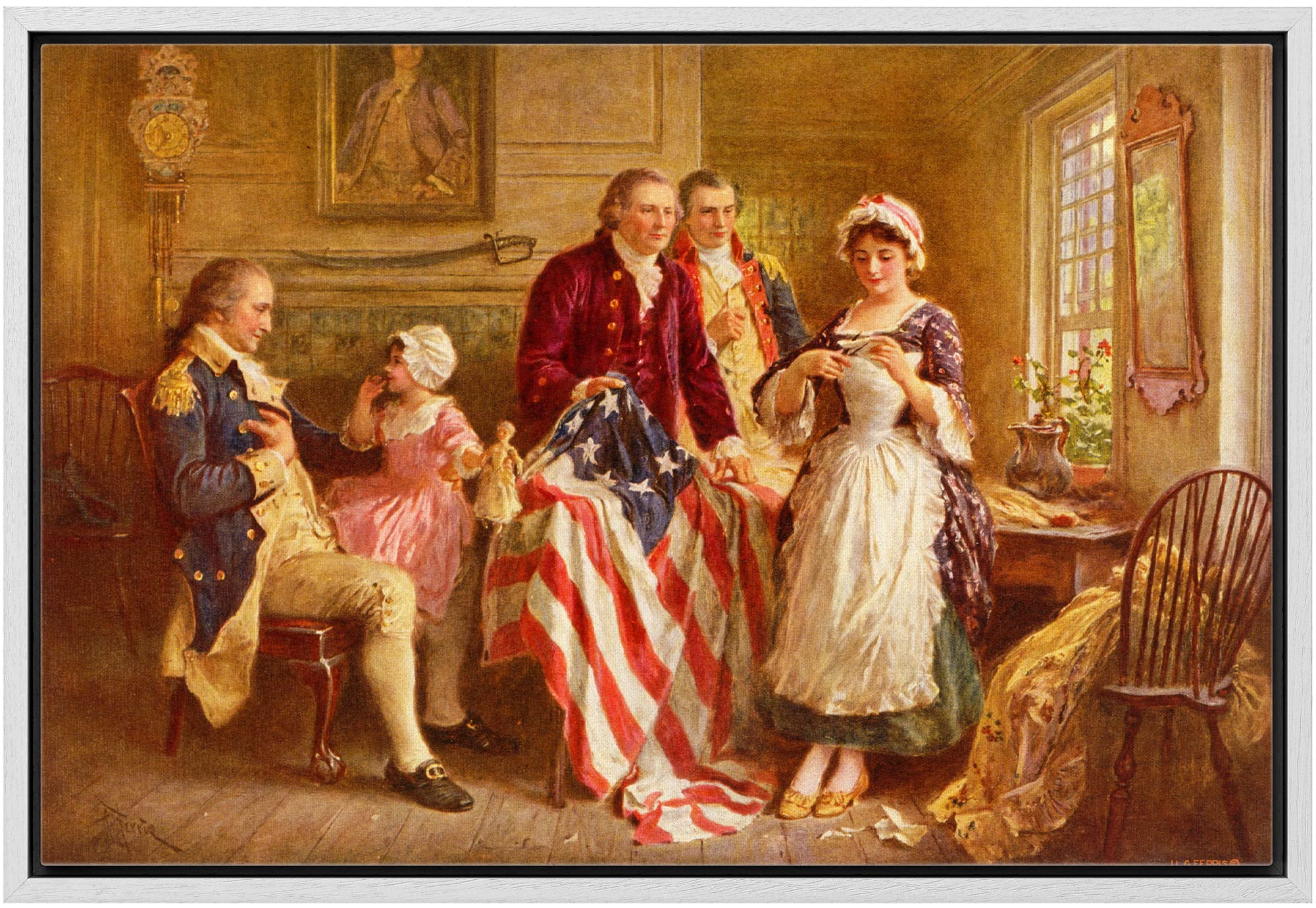 Wall26 - Betsy Ross 1777 By Jean Leon Gerome Ferris - Framed Canvas Print Wall Art Famous Painting Reproduction - 24''X36'' Whit