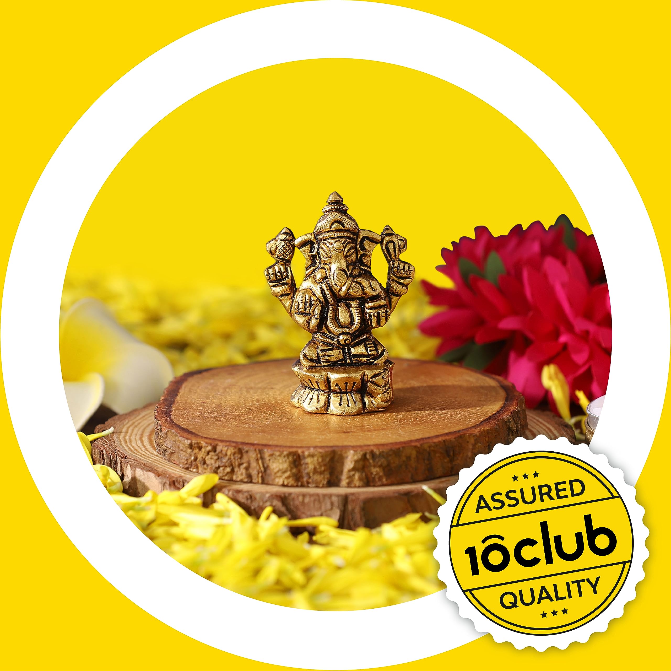 10Club Lord Ganesha Idol - 1Pc (5.9 cm, 160 Grams) - 100% Pure Brass | Ganesha Sitting on a Lotus | For Desk, Car, Home Decor an