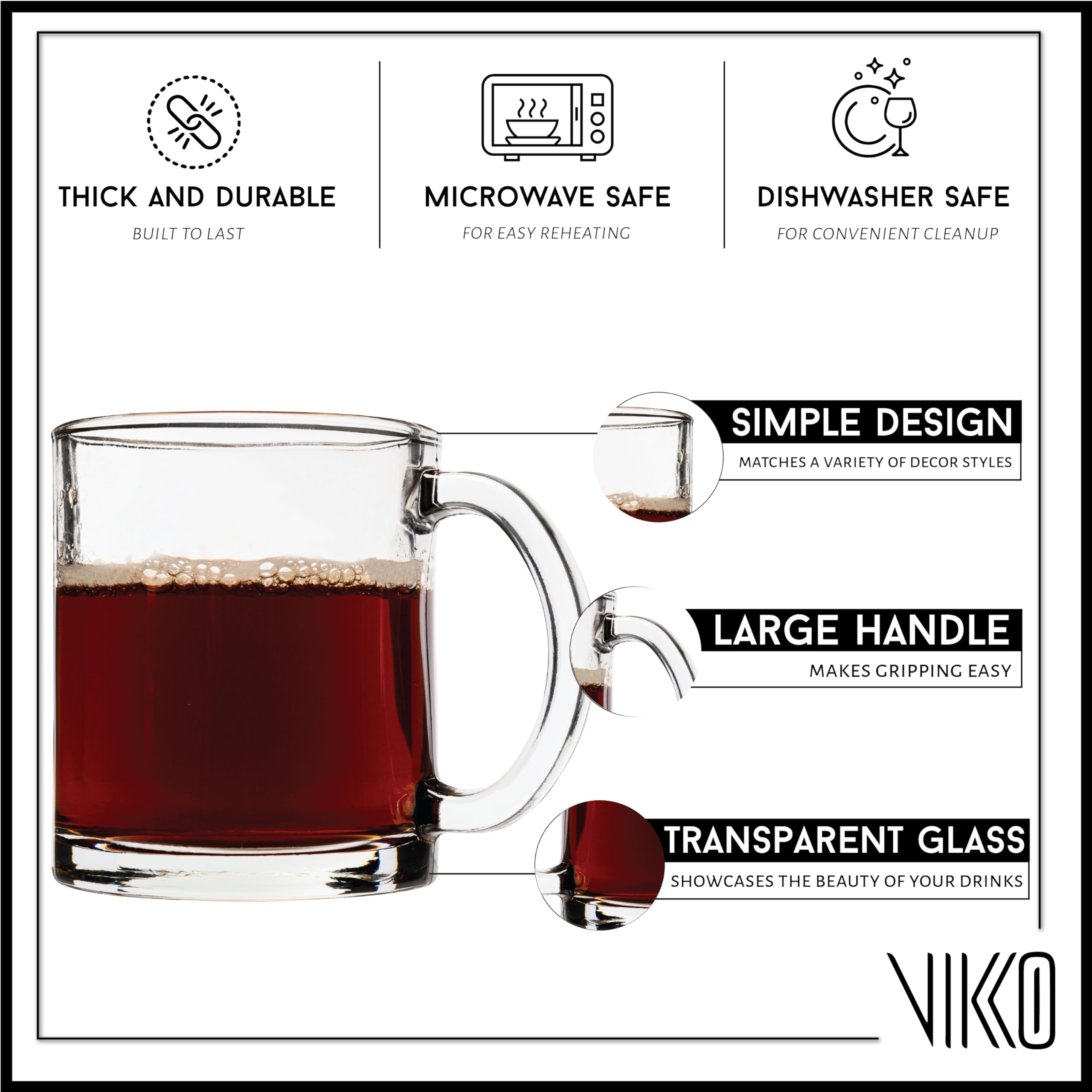Vikko Glass Coffee Mug, 10.75 Ounce Clear Glass Coffee Mugs, Glass Mug Set Of 6, Microwave And Dishwasher Safe