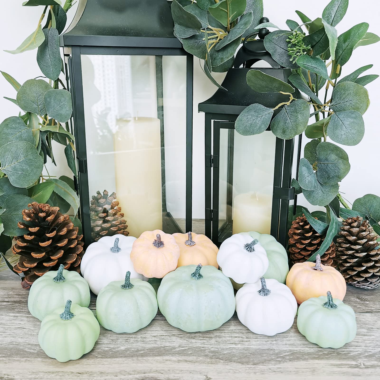 BESTTOYHOME 12 Pcs Assorted Small Frosted Artificial Pumpkins Foam Pumpkins Rustic Harvest Decorative Pumpkins in White Orange G
