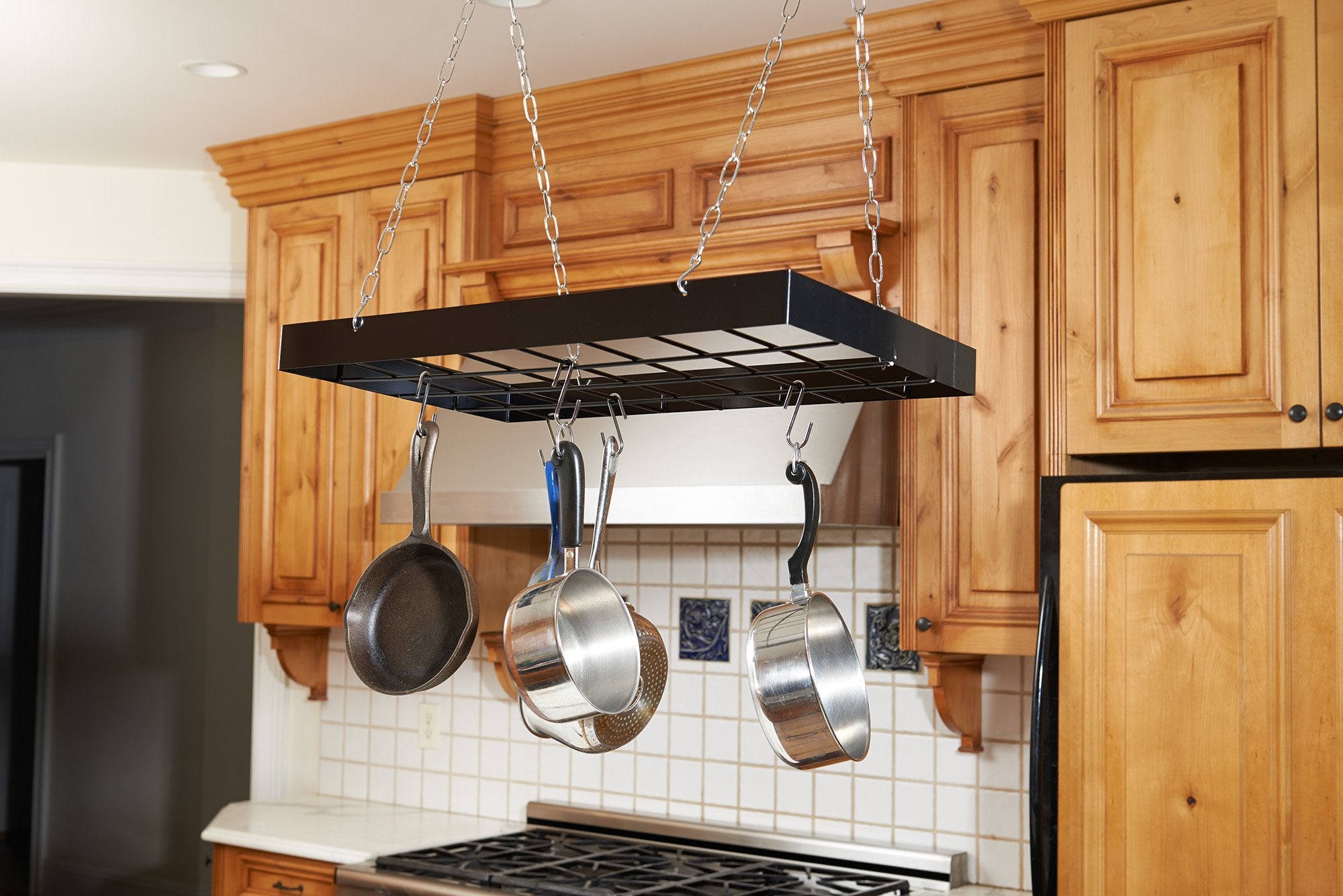 Fox Run Rectangular Hanging Pot Rack With Chains And 6 Hooks, 2 Inch, Black Iron