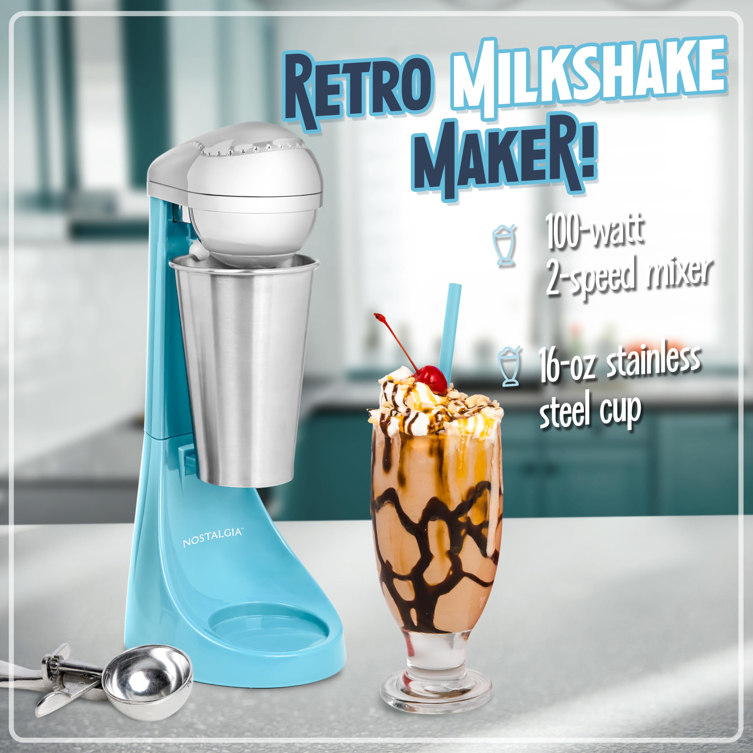 Nostalgia Two-Speed Electric Milkshake Maker And Drink Mixer, Includes 16-Ounce Stainless Steel Mixing Cup & Rod, Blue