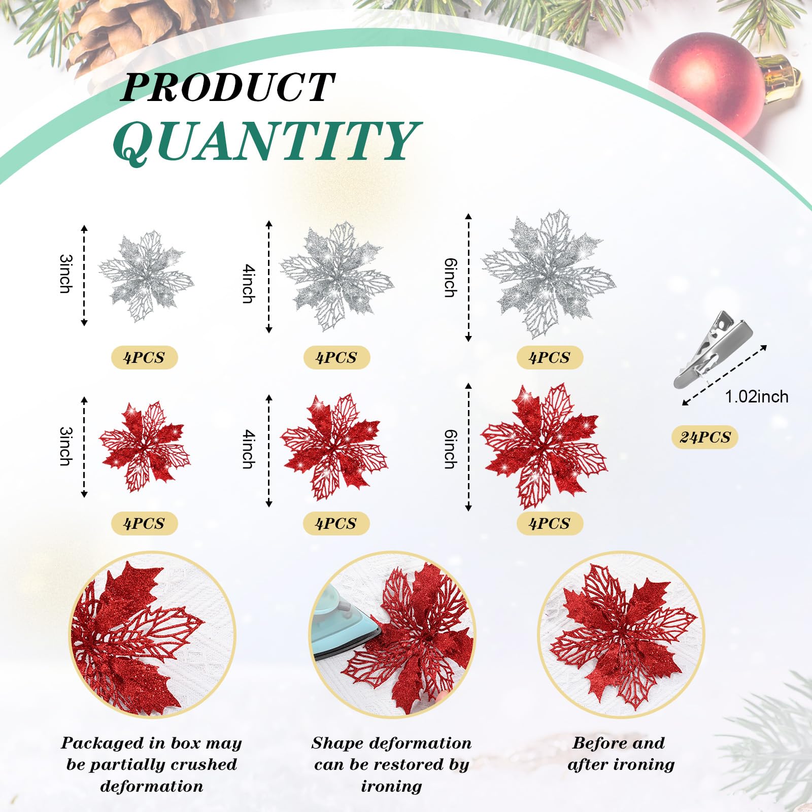 Boao 24 Pieces Red and Silver Christmas Poinsettia Flowers Glitter with Clips Christmas Ornaments Decorations for Tree Artificia