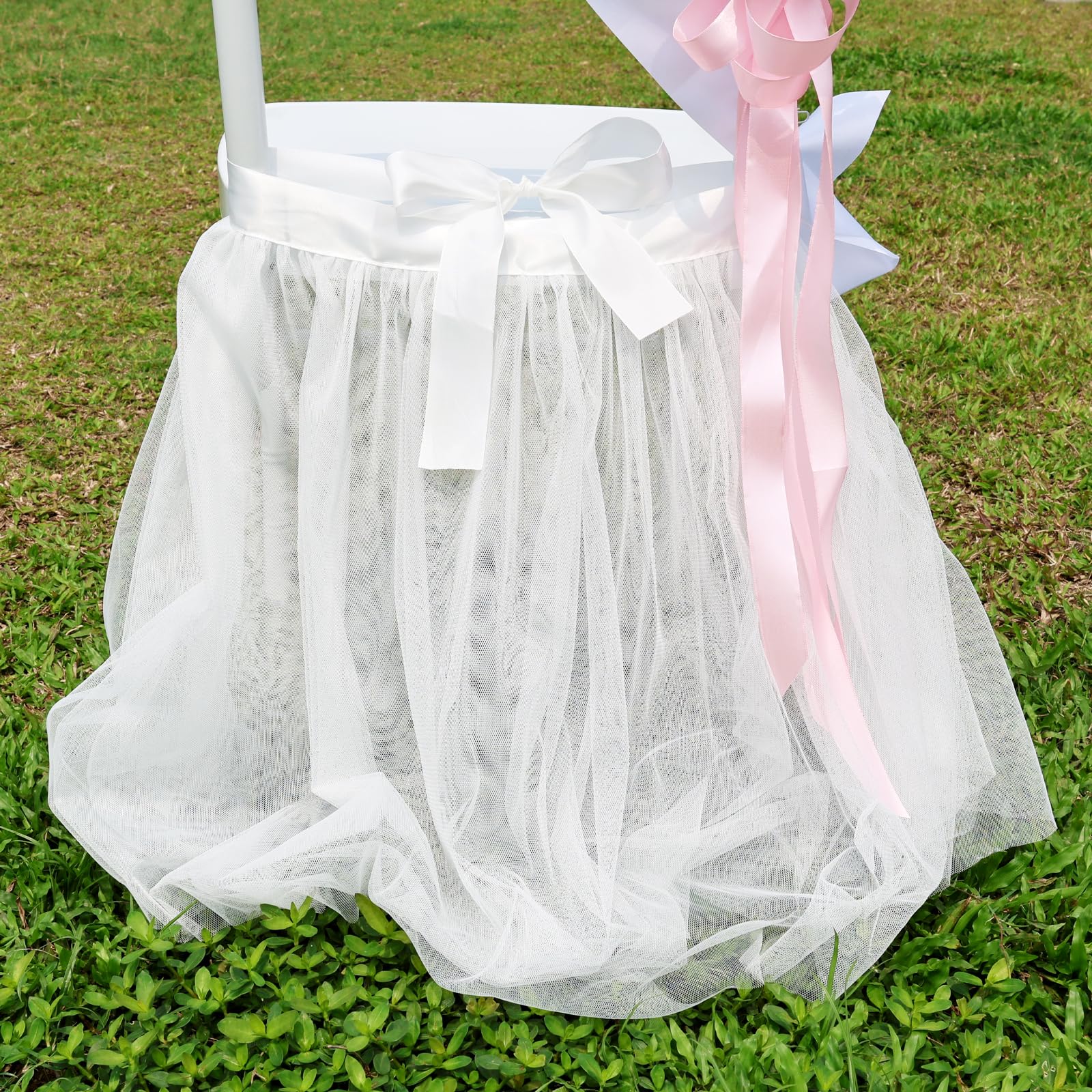 Chair Tulle Tutu Decoration With Sash For Bridal Shower, White Tulle Chair Skirt Fluffy Bridal Chair Decor For Wedding Bridal Sh