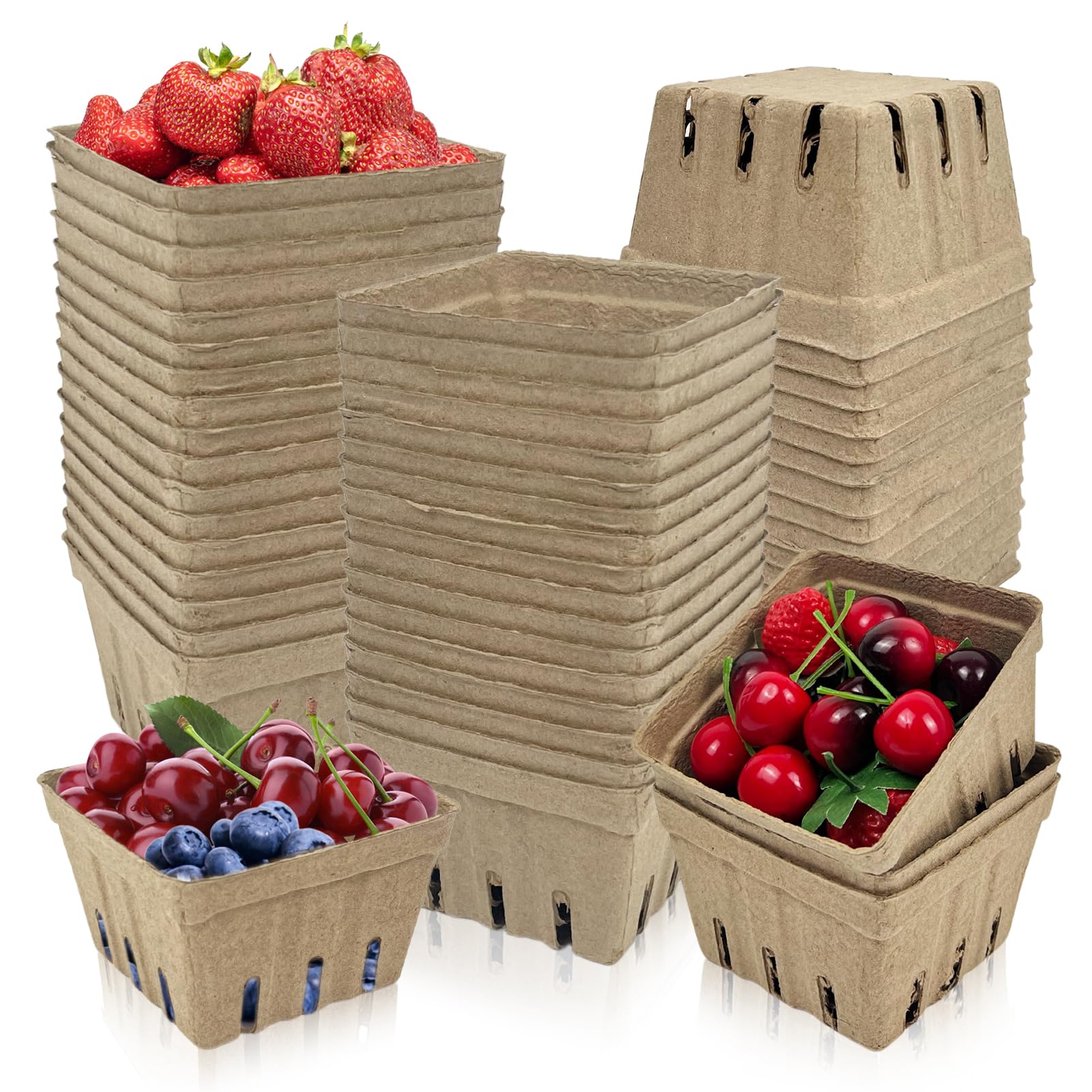 Rainmae 50 Pack Natural Pulp Fiber Berry Basket, Molded Berry Basket Produce Vented Container for Strawberry Blueberry Raspberry