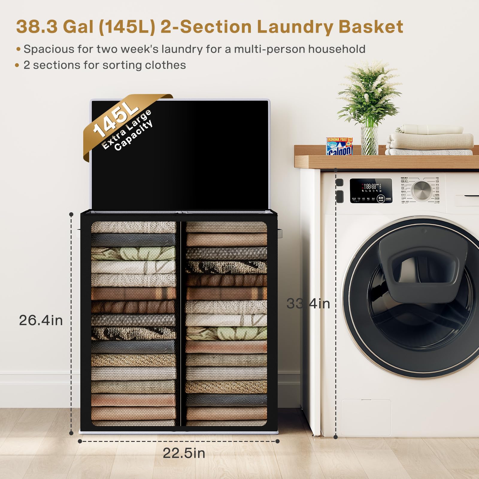 SOLEDI Double Laundry Hamper with Lid and Removable Laundry Bags - Large Dirty Clothes Hamper 2 Section - Collapsible Laundry Baskets for Bedroom  Bathroom  Laundry room  Apartment  Black