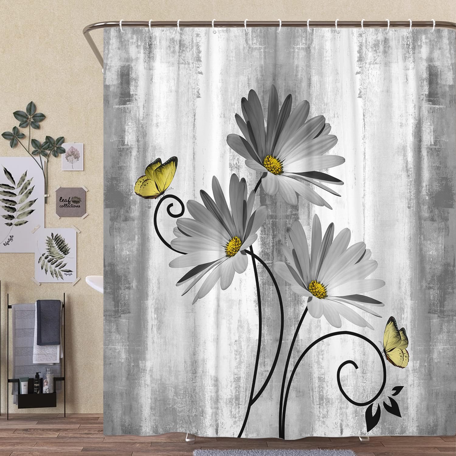 Veivian Rustic Farmhouse Shower Curtain, Farm Gray Grey Daisy Floral Flowers And Butterfly On Country Wooden Shower Curtain For