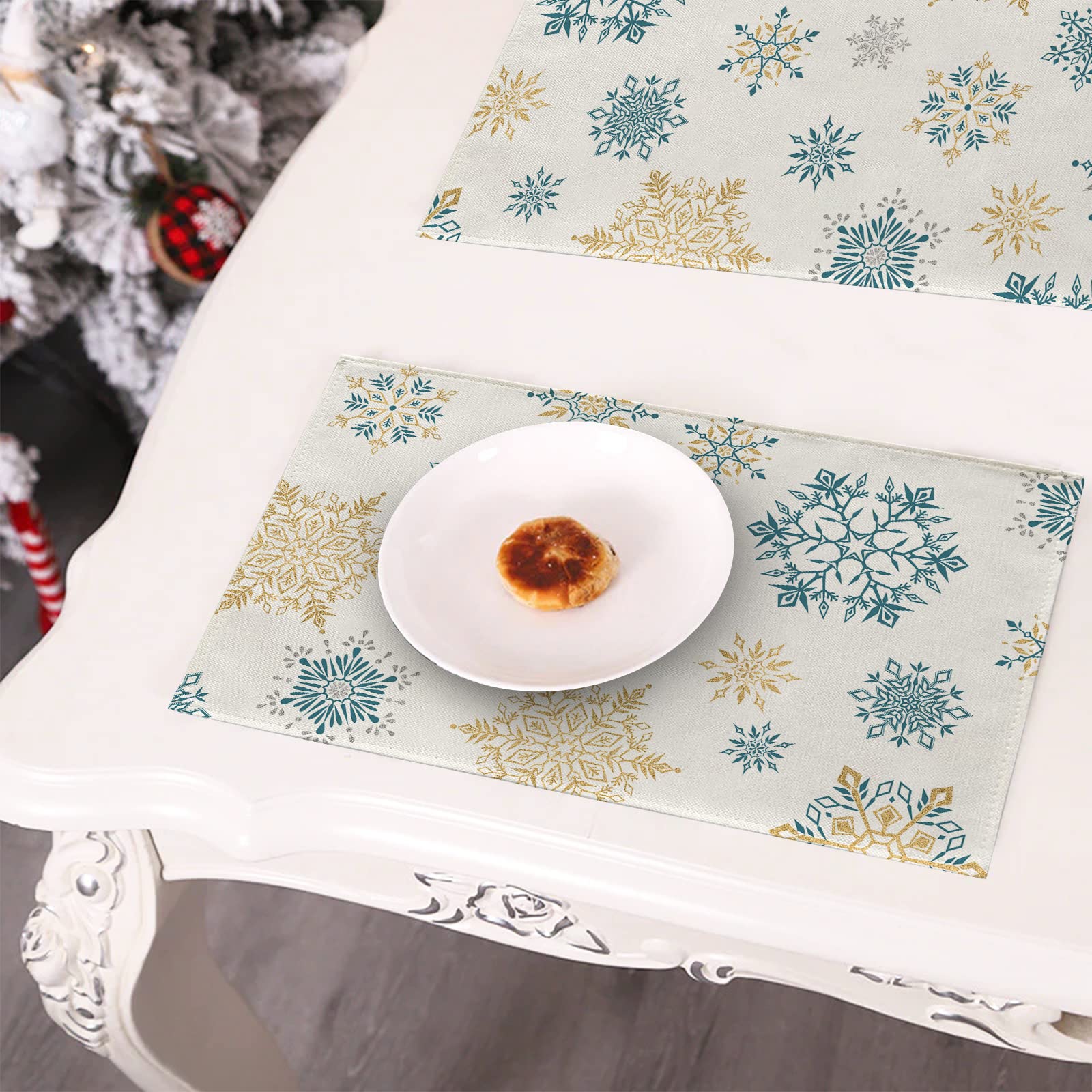 Seliem Winter Snowflakes Placemats Set Of 4, Gold Blue Tabletop Dining Table Place Mats Home Kitchen Decor, Seasonal Farmhouse R
