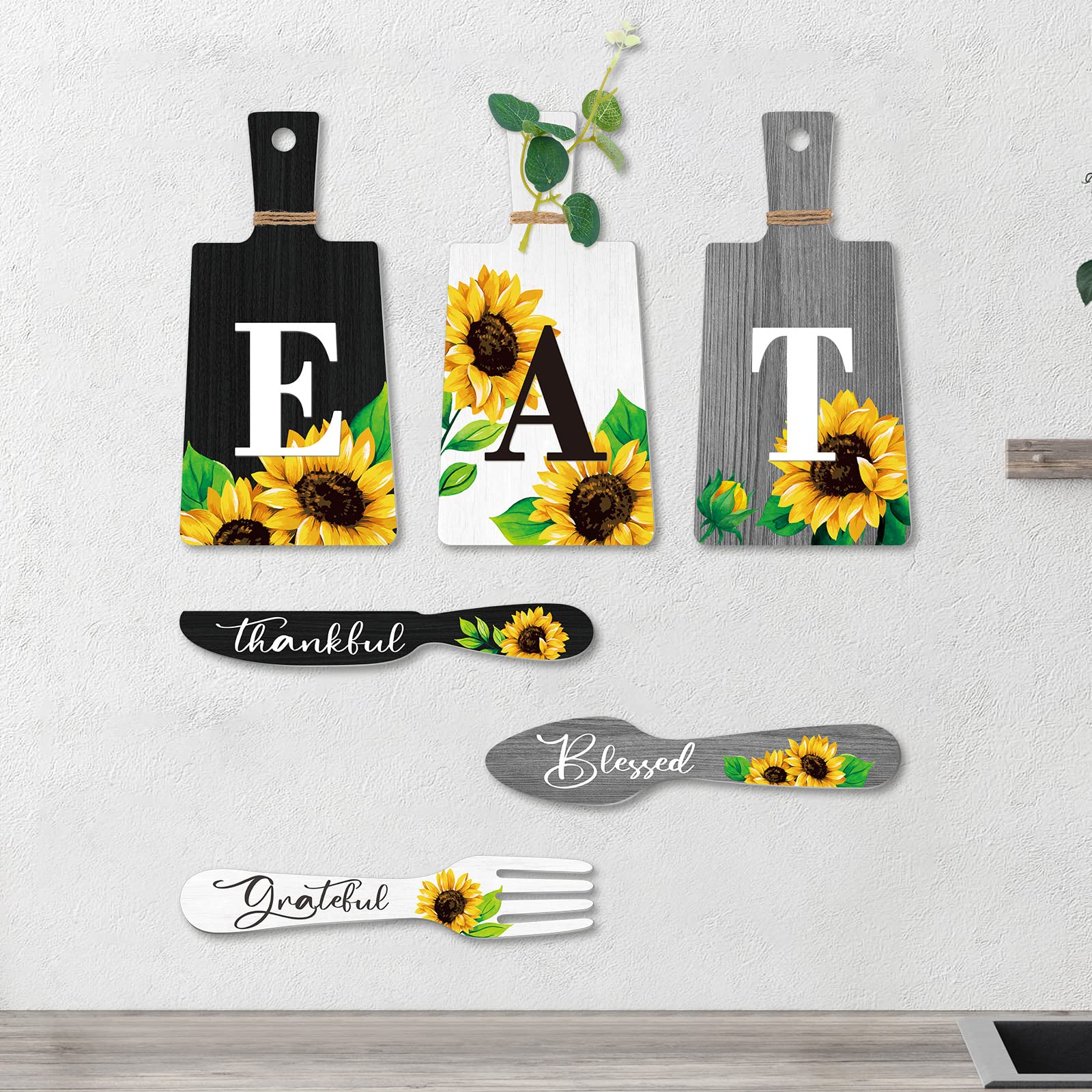 Bucherry Set of 6 Sunflower Kitchen Decor Sets Eat Signs Fork and Spoon Wooden Kitchen Wall Decor Hanging Plaques Farmhouse Sunf