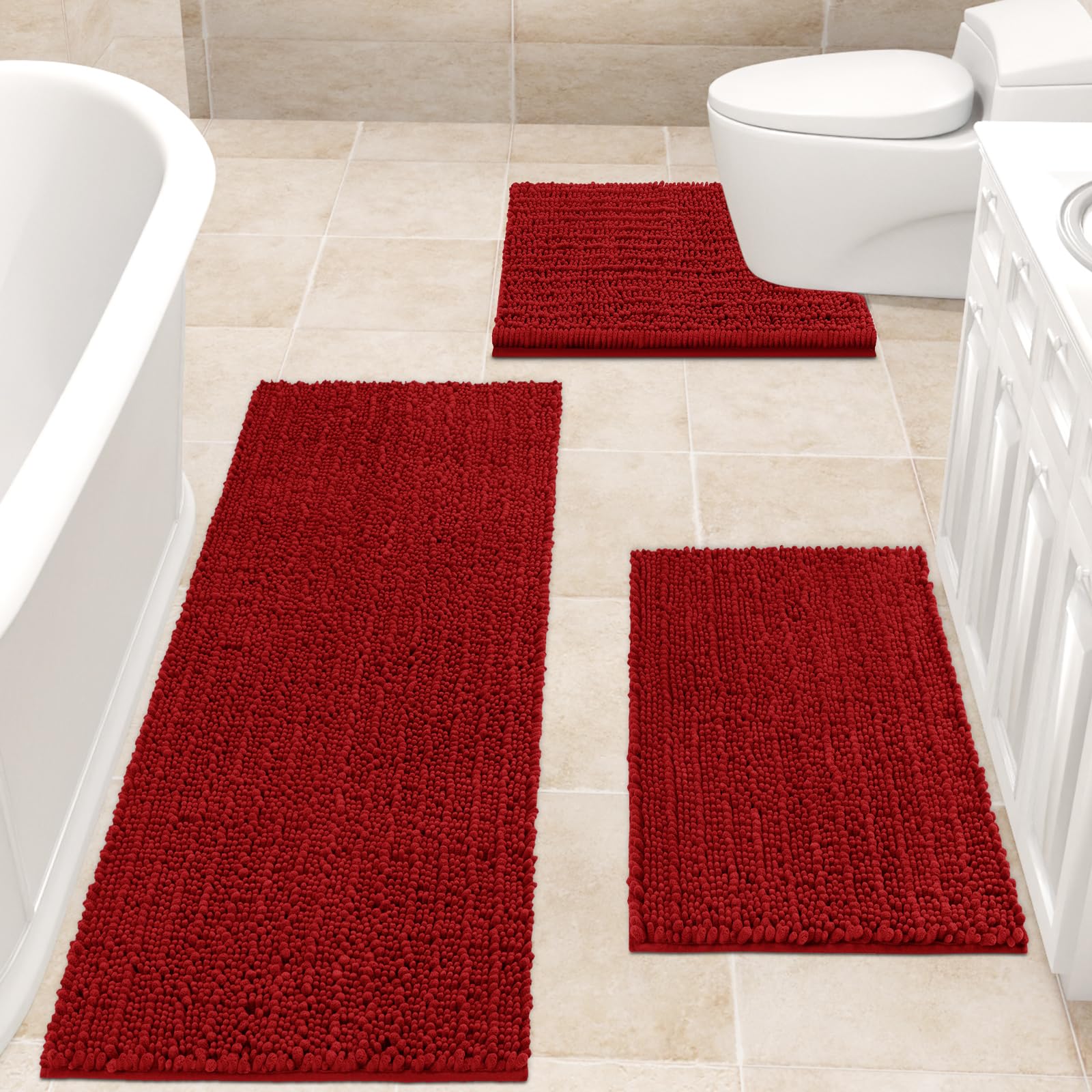 Accumtek Upgrade Extra Large Red Bathroom Rug Set 3 Pieces Ultra Soft, Thick Absorbent Bath Mats, Non Slip Chenille Toilet Mat F