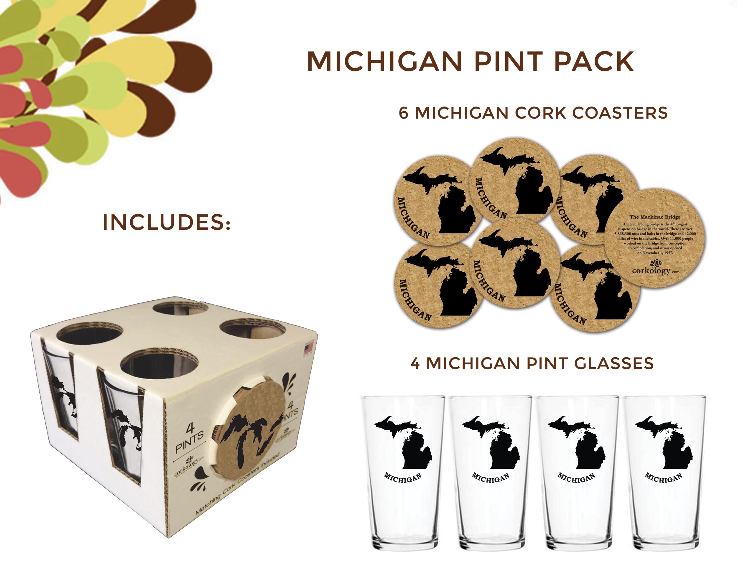 Corkology.Com Michigan Pint Pack With Matching Coaster Set, Clear, 4 Count (Pack Of 1)