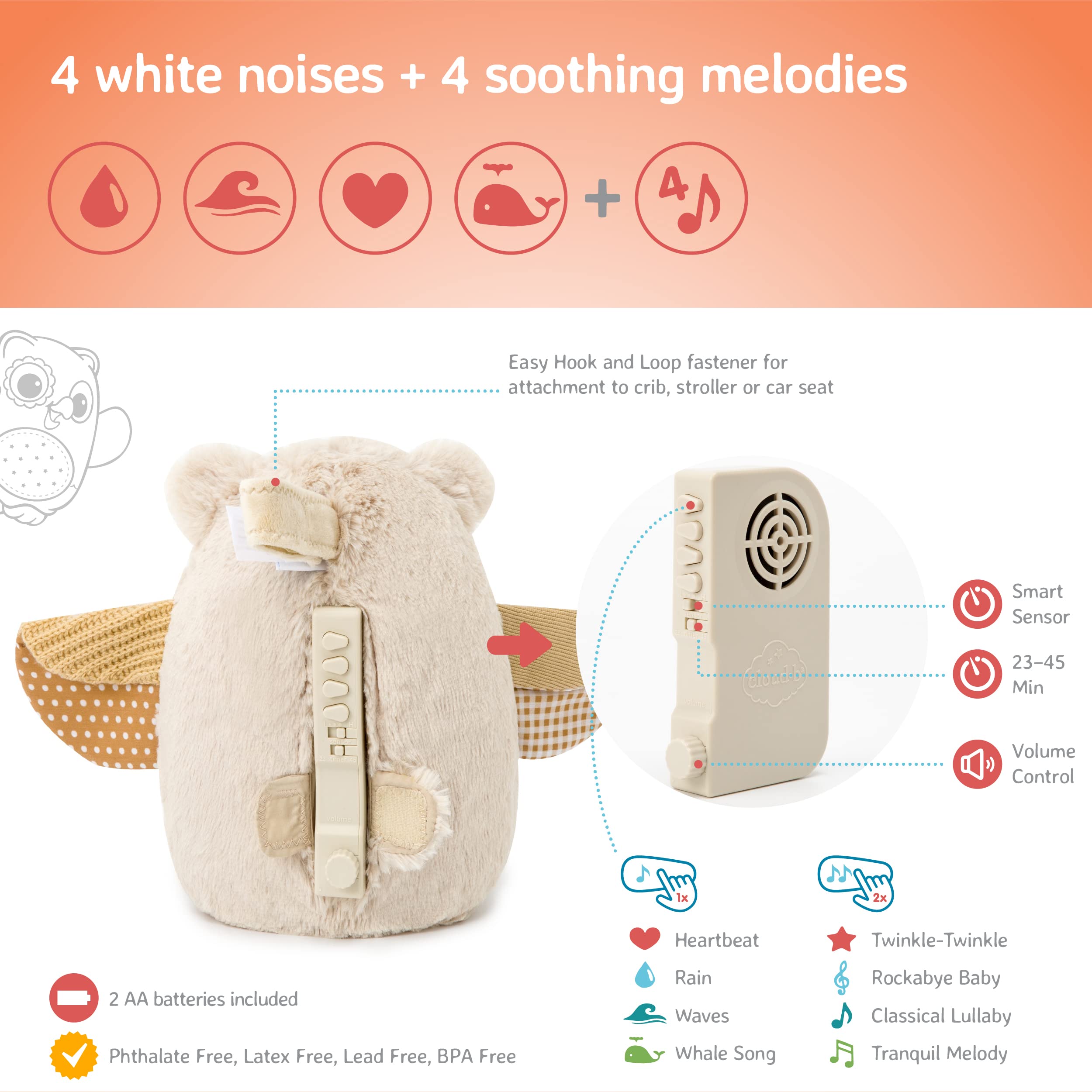 Cloud B Sound Machine With White Noise Soothing Sounds | Cuddly Stuffed Animal | Adjustable Settings And Auto-Shutoff | Nighty N