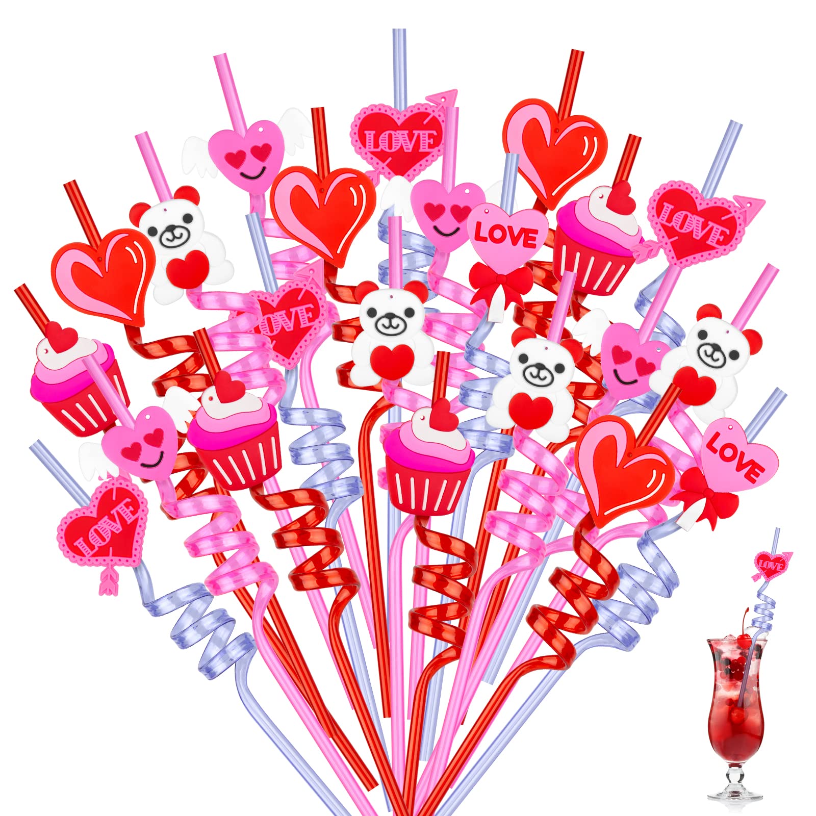 24 Pcs Valentines Drinking Straws Reusable Red Love Heart Straws Crazy Loop Straws Valentine School Party Decor Straws For Valen