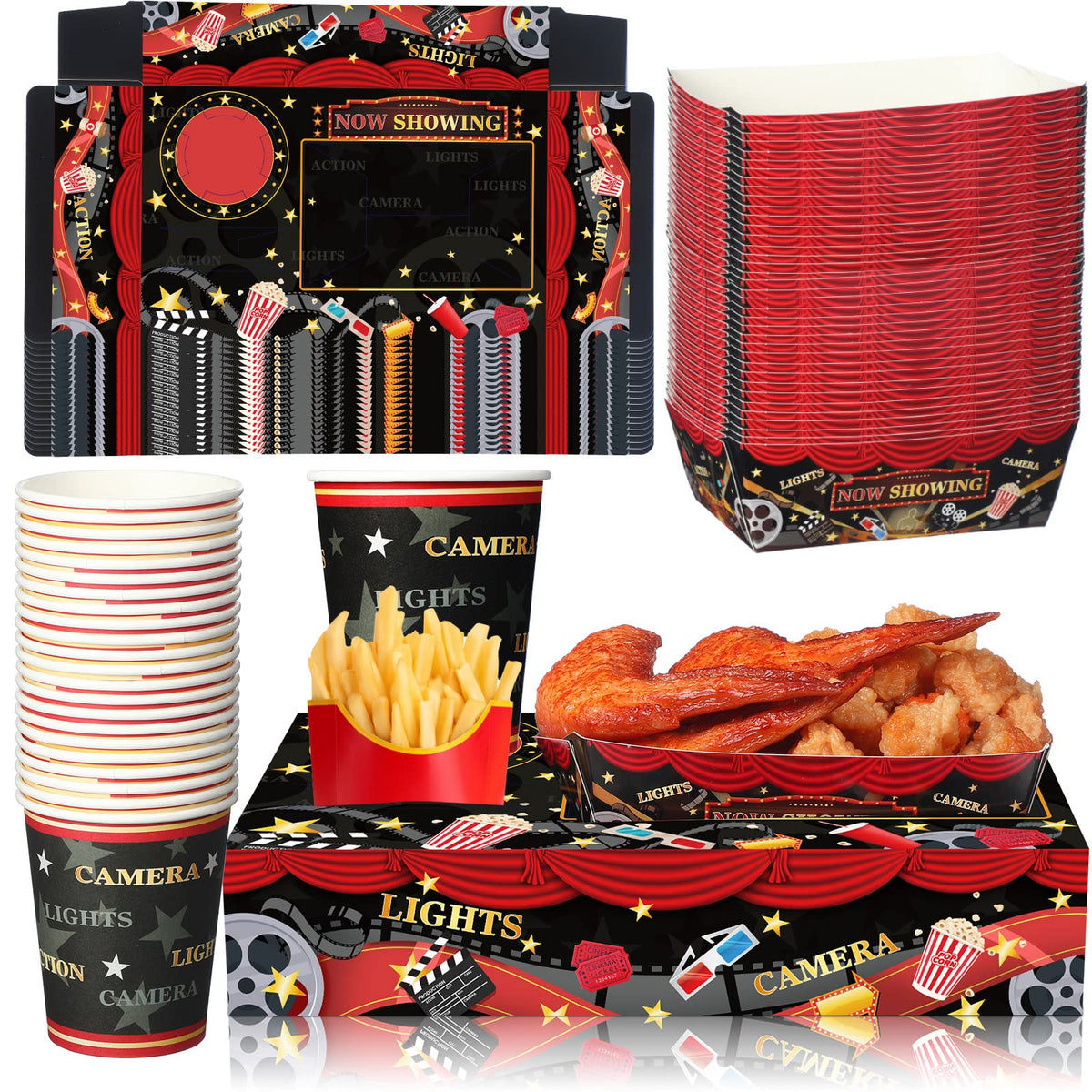 72 Pcs Movie Night Party Supplies Snack Trays Boxes With Disposable Paper Food Cups Combo Trays Cardboard Popcorn Drink Candy Ho