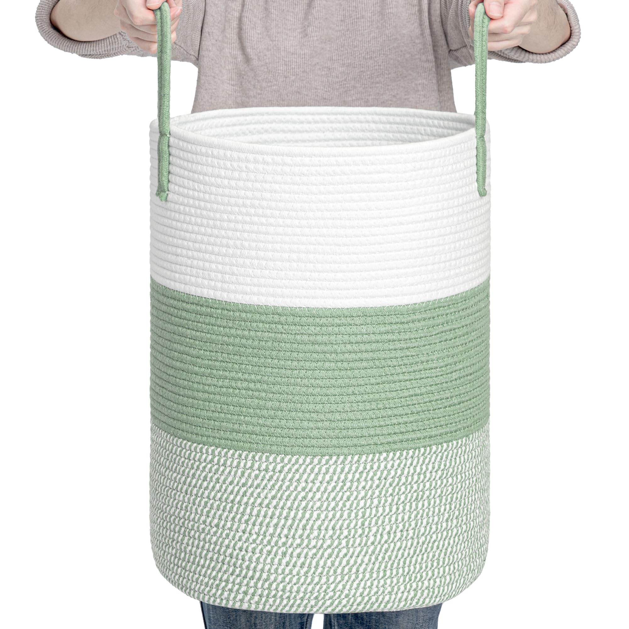 Clhmily&Z 40L Laundry Basket Round Storage Rope Basket - 13X18 Inches - Green Hamper In Bedreoom And Cute Storage Bin For Blanke