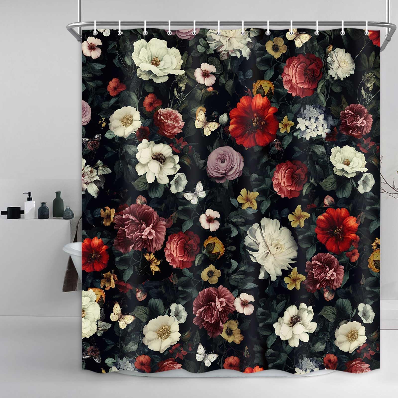 Drgilau Floral Shower Curtain, Vintage Floral Shower Curtain Set Red Flower Plants Bathroom Curtain, Valentine'S Day Shower Curt