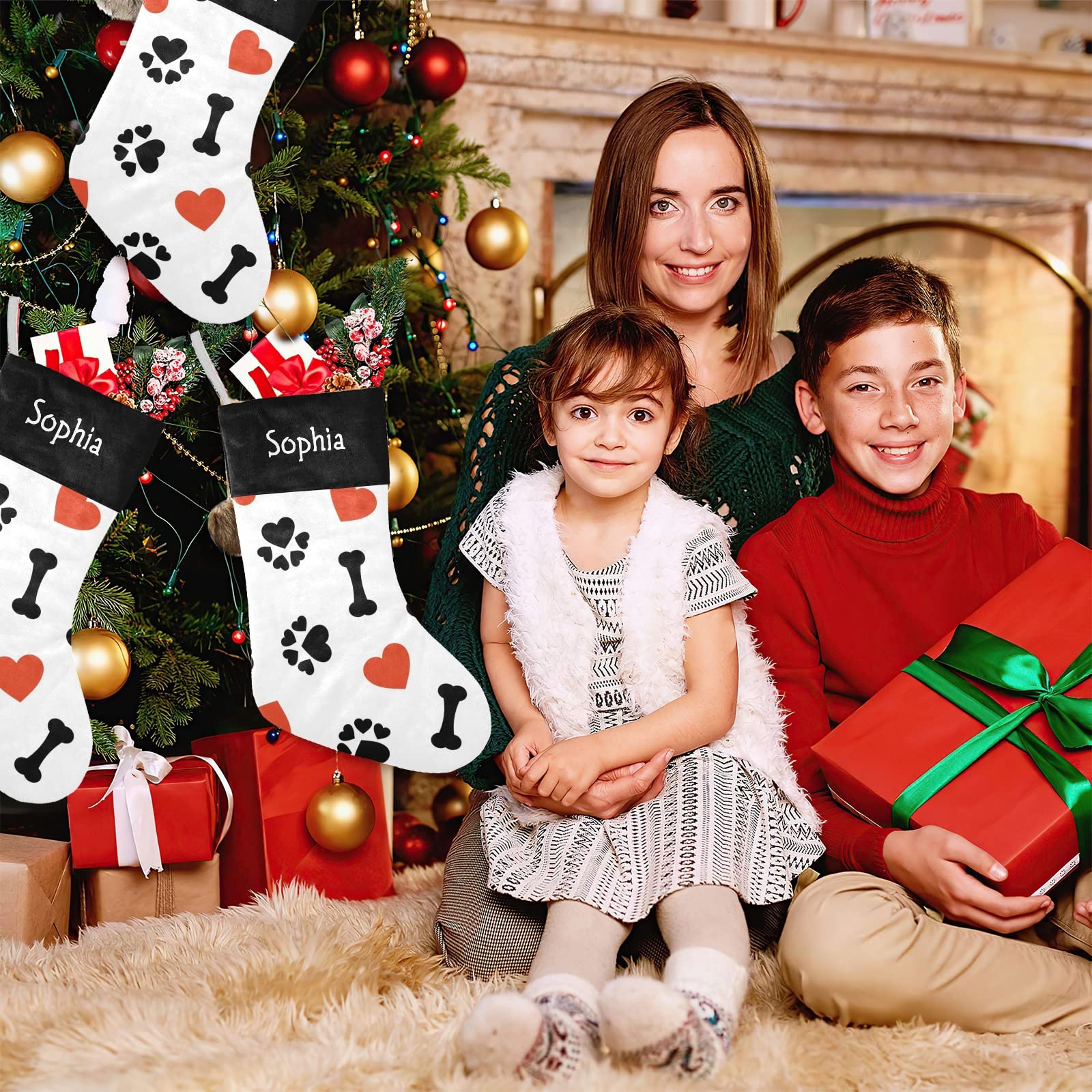 SunFancyCustom Custom Red Heart Paw Dog Christmas Stocking Personalized with Name Xmas Family Holiday Birthday Gift Decor 17.52