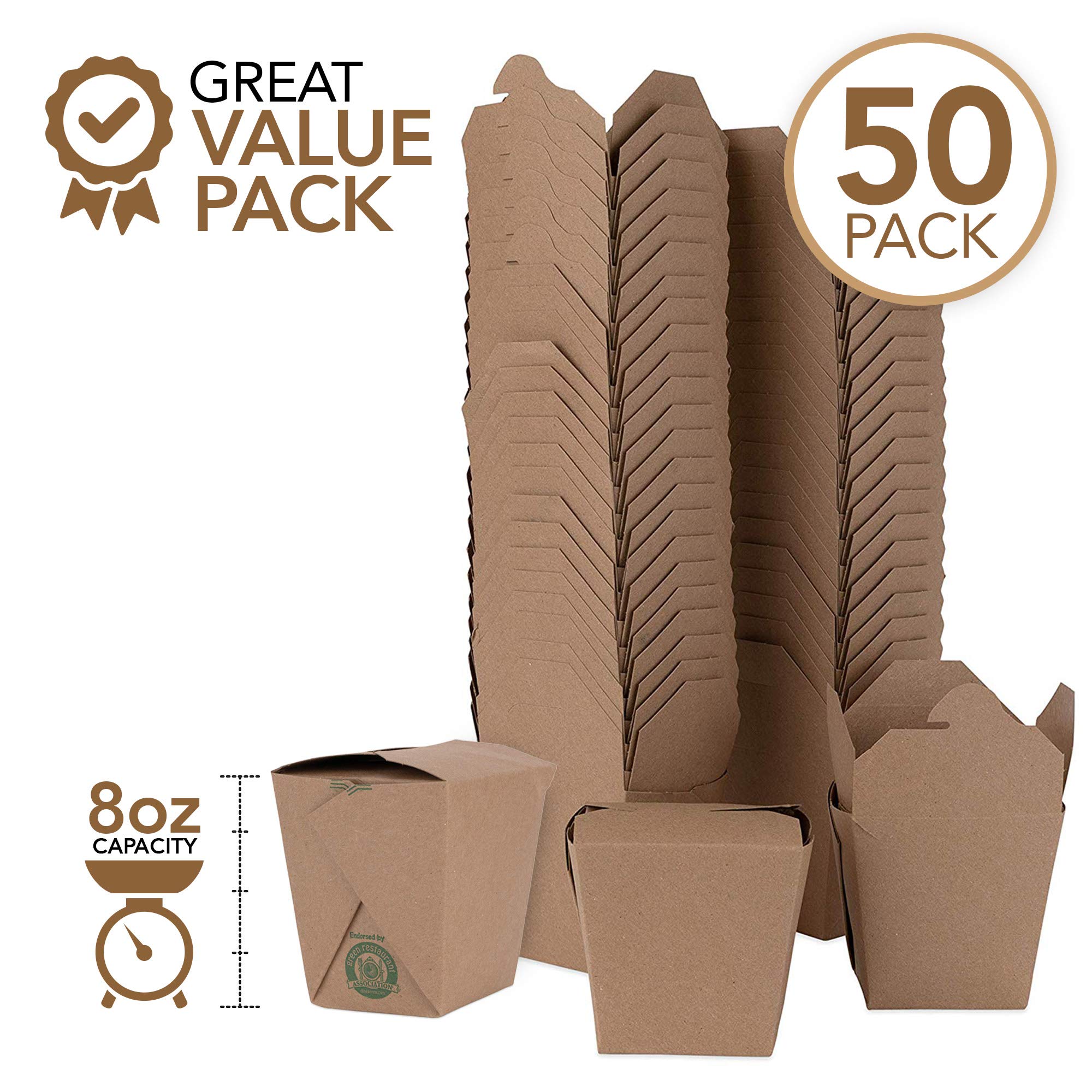 Takeout Food Containers 8 Oz Microwaveable Kraft Brown Paper Mini Chinese Take Out Box (50 Pack) Leak And Grease Resistant Stack